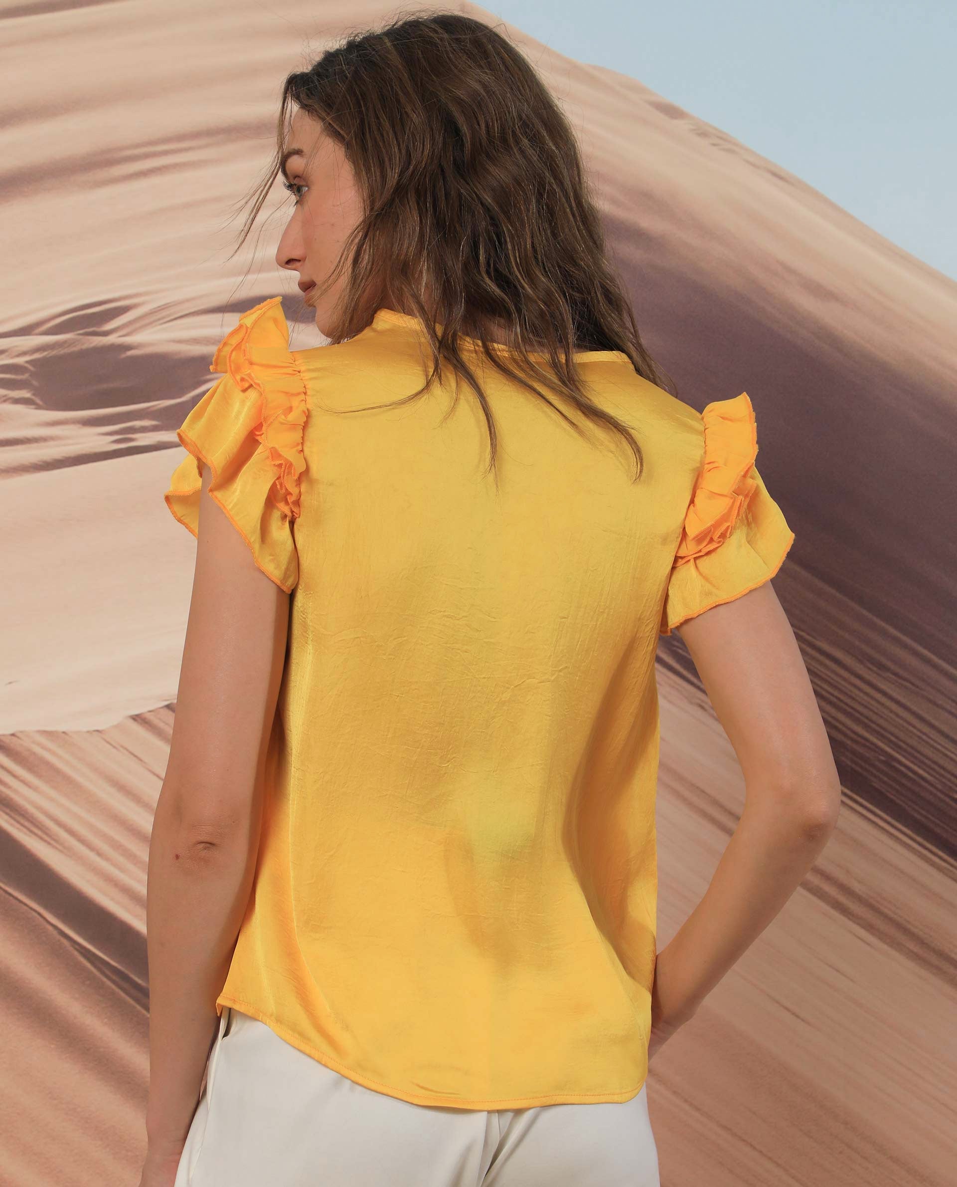 Rareism Women Skye Yellow Top Polyester Fabric Sleeveless Solid Print