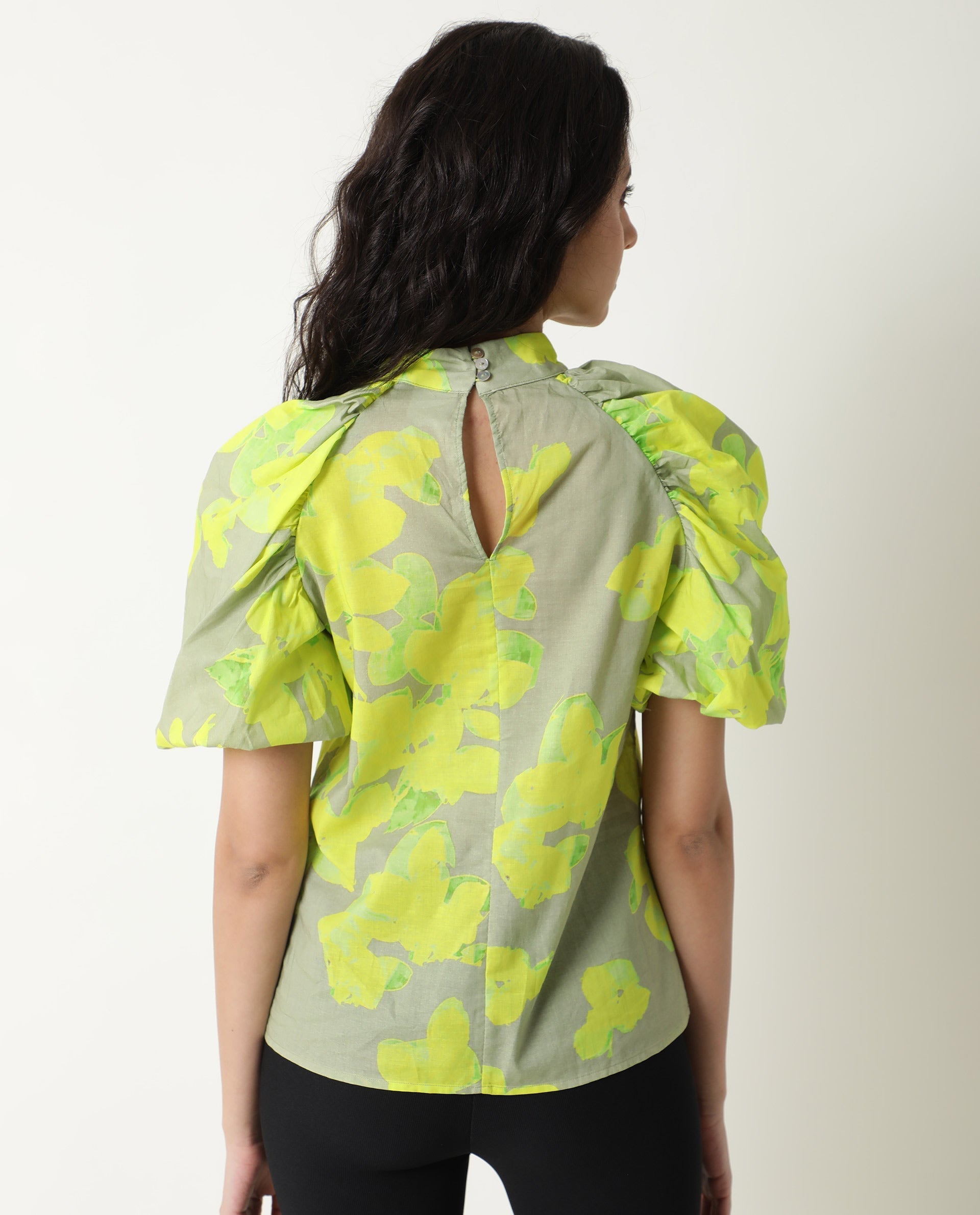 Rareism Women's Lagger Green Cotton High Neck Abstract Print Regular Fit Top
