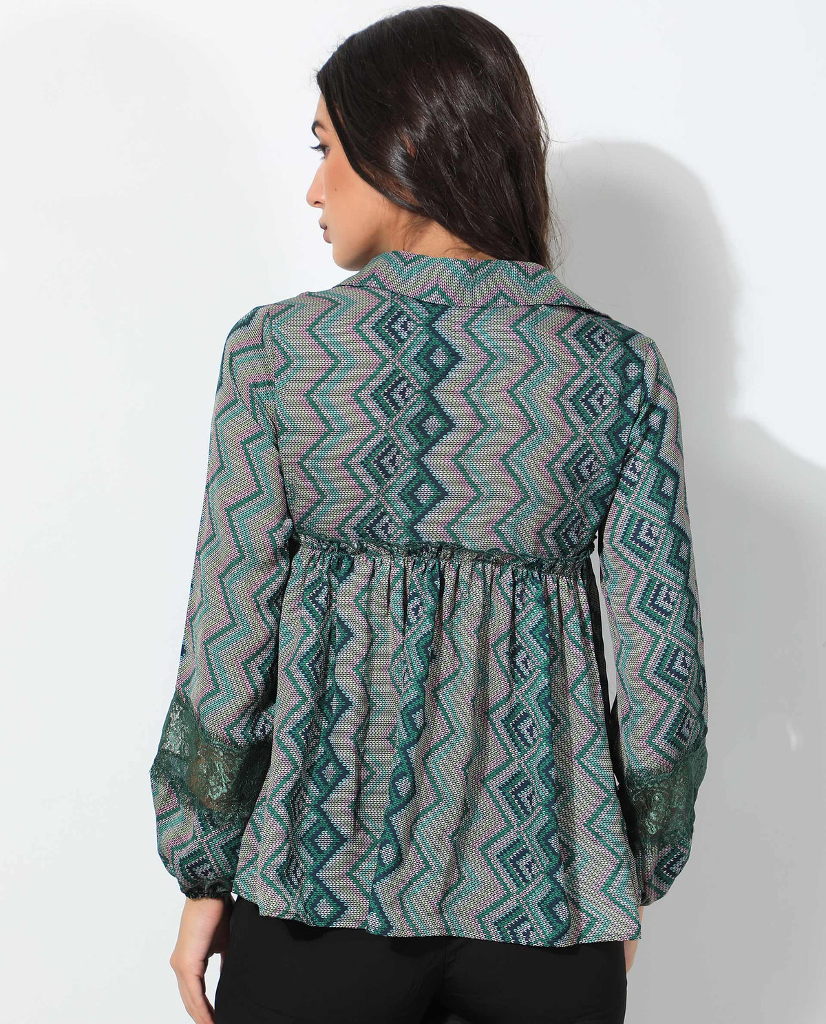 Rareism Women Cataline Dark Olive Polyester Fabric Full Sleeves Tie-Up Closure Tie-Up Neck Regular Fit Geometric Print Top