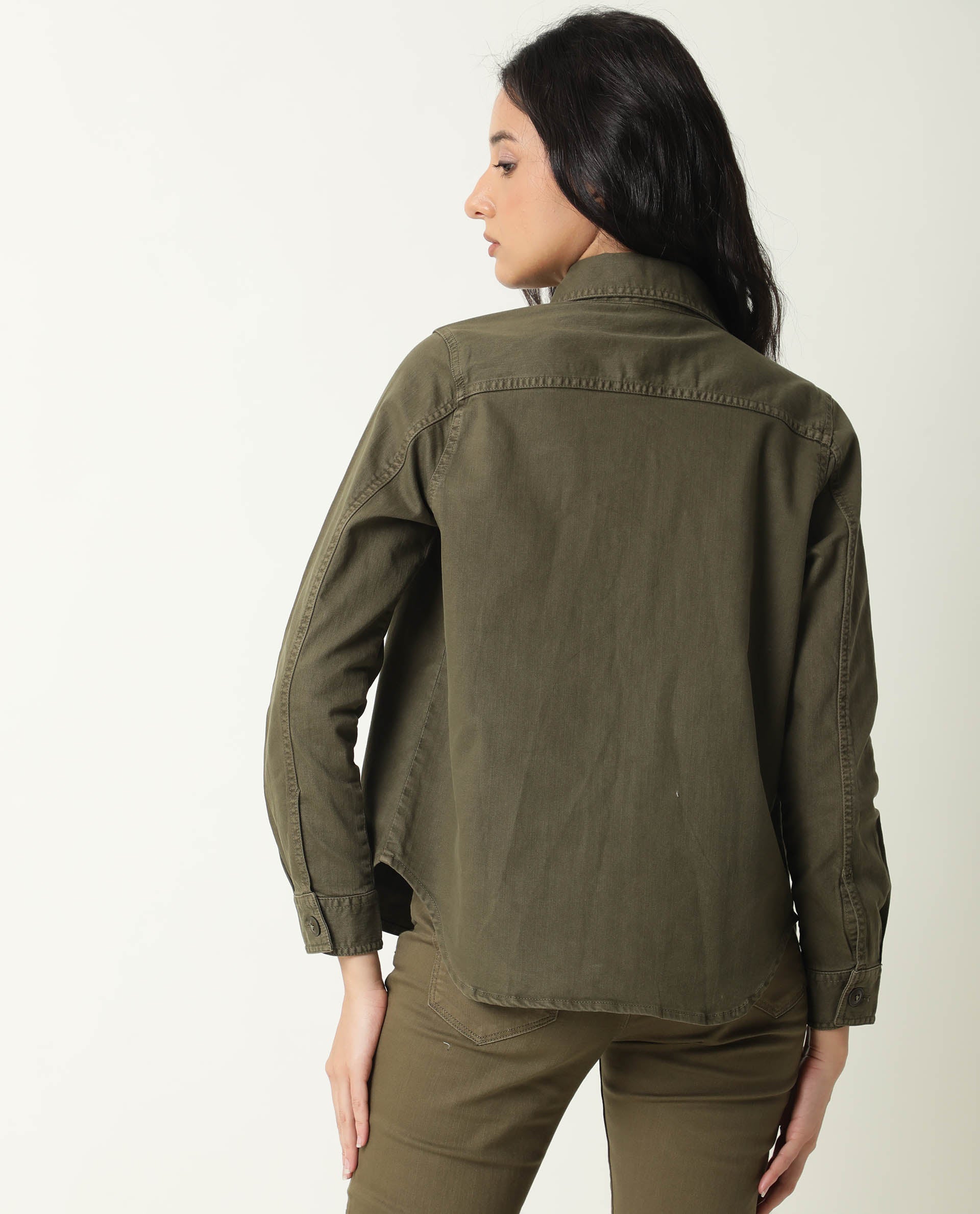Rareism Women Mission Green Cotton Lycra Fabric Full Sleeves Solid Shirt Collar Jacket
