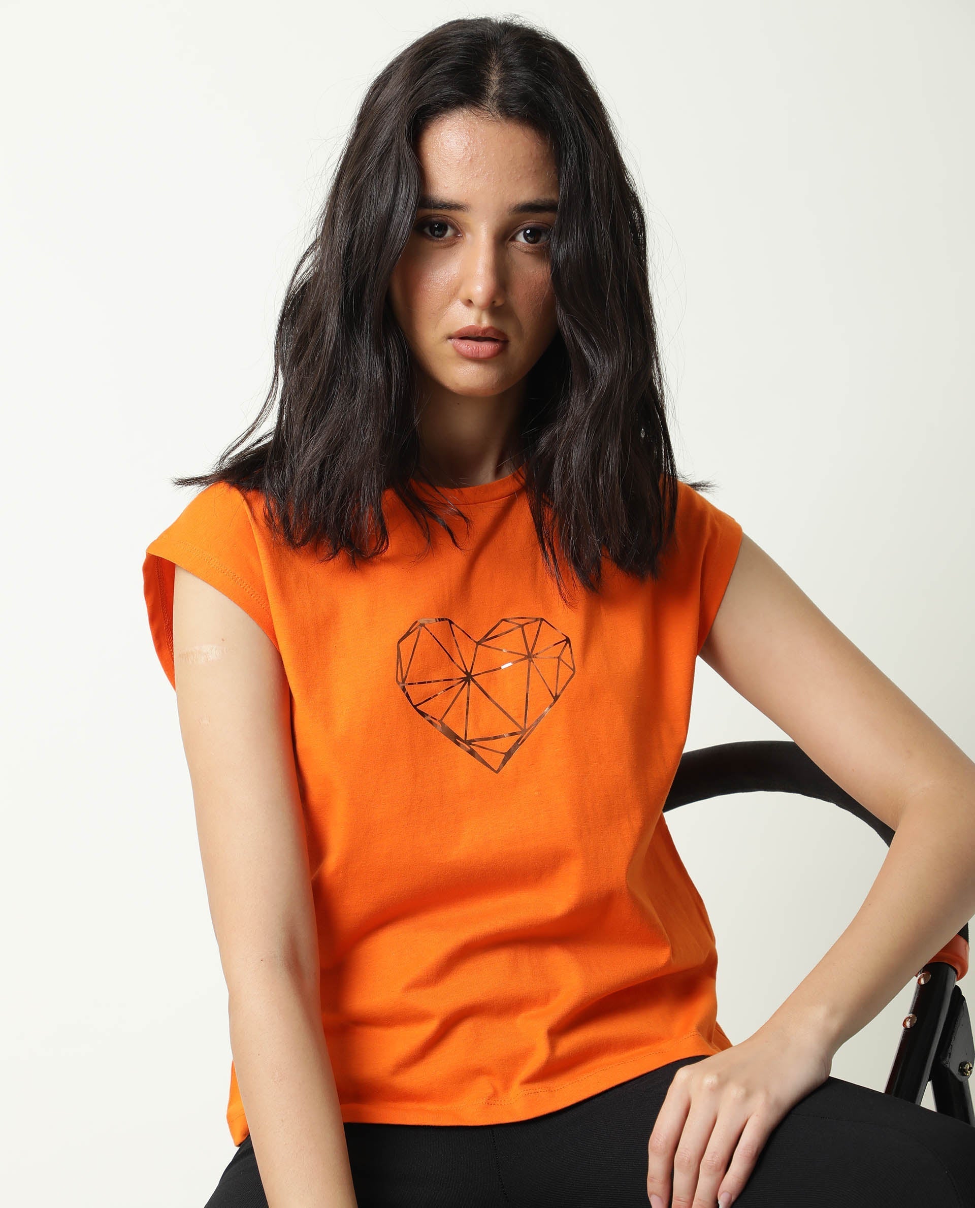 Rareism Women Race Orange Cotton Fabric Regular Fit Half Sleeves Graphic Print Round Neck T-Shirt
