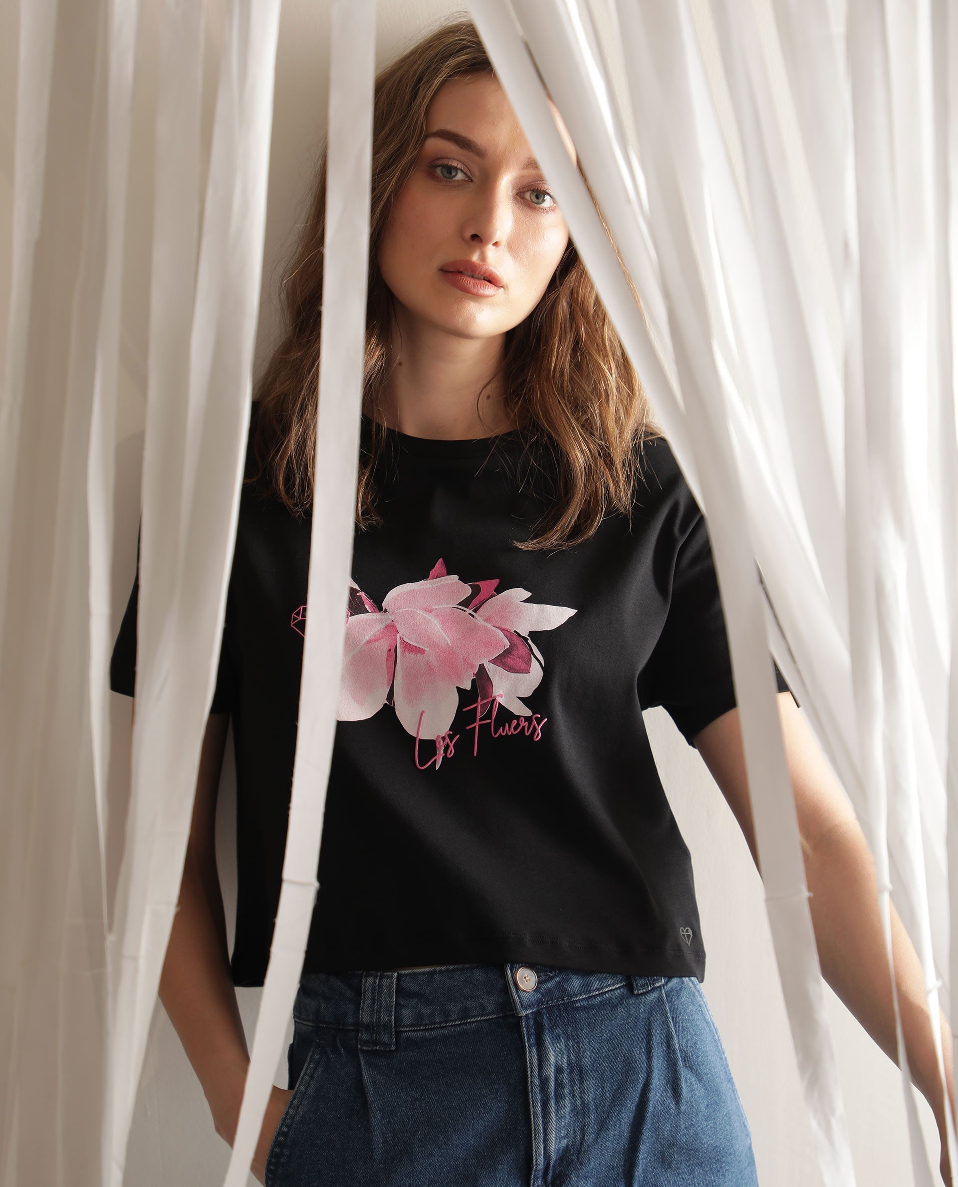 Rareism Women's Ictor Black Cotton Crew Neck Graphic Print Regular Fit T-Shirt