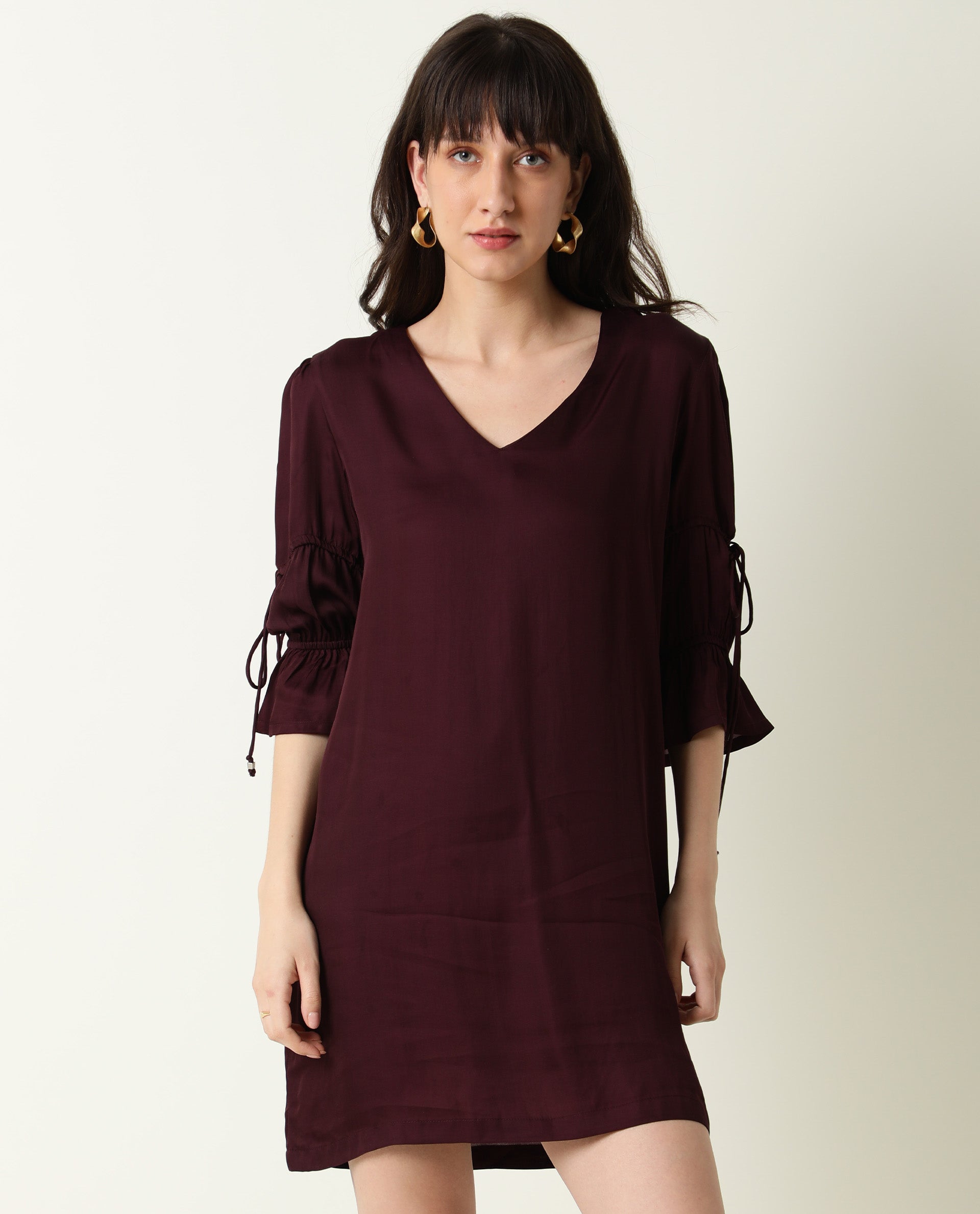 Rareism Women Jamm Maroon V Neck 3/4 Sleeves With Tie Up Mini Dress