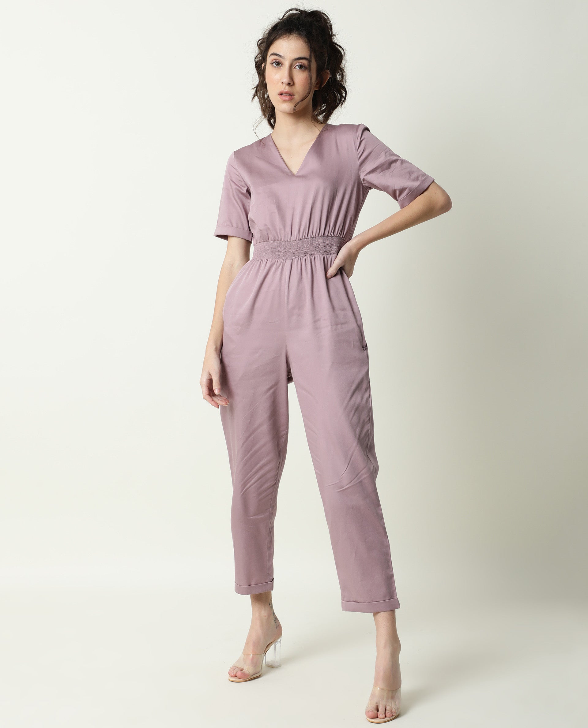 Rareism Women's Husky Pink Cotton Blend V-Neck Plain Ankle Length Regular Fit Jumpsuit