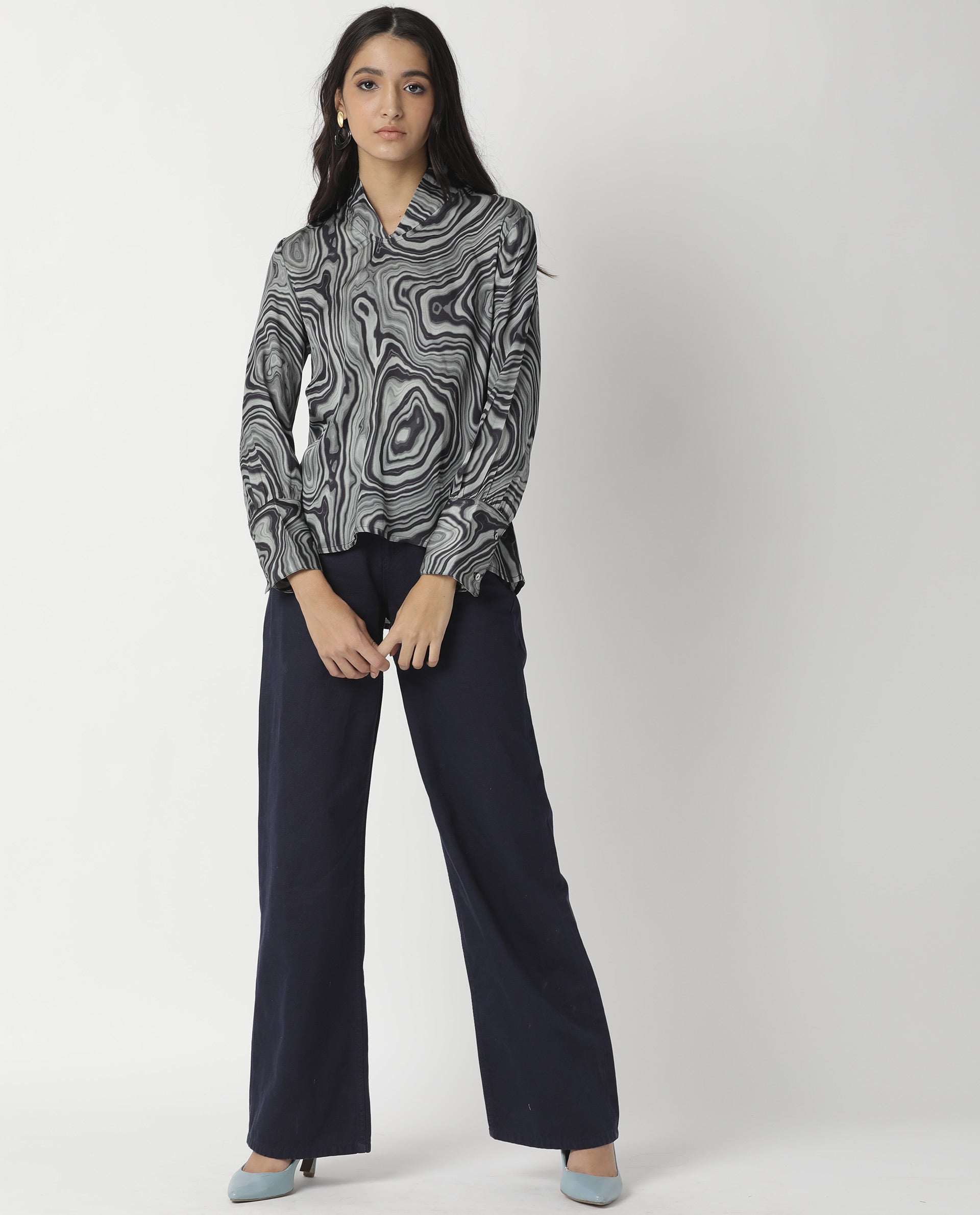 Rareism Womens Camp Black Top Modal Satin Fabric Regular Fit Cuffed Sleeve Mandarin Neck