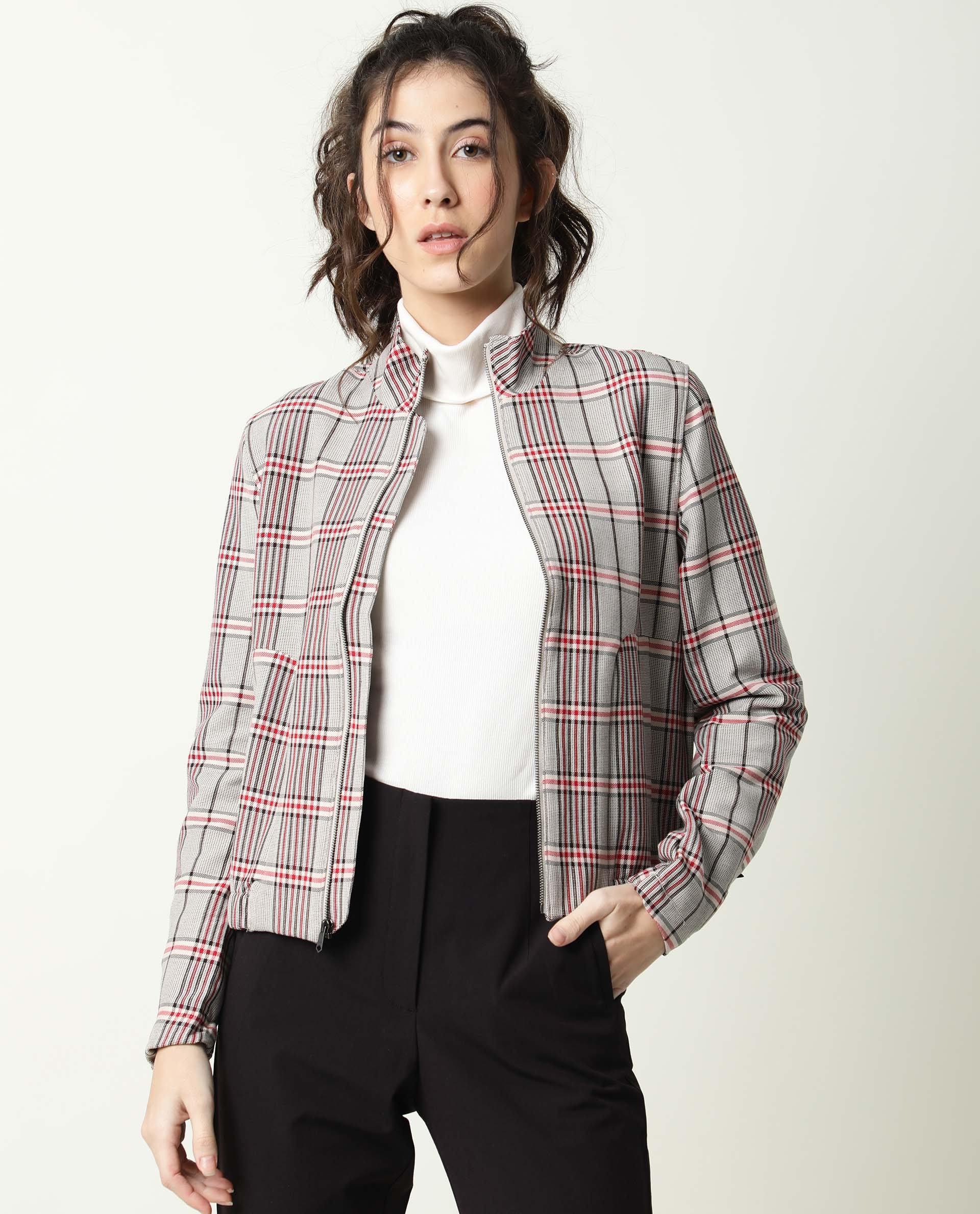 Rareism Women Homer Offwhite Jacket Full Sleeves Checks