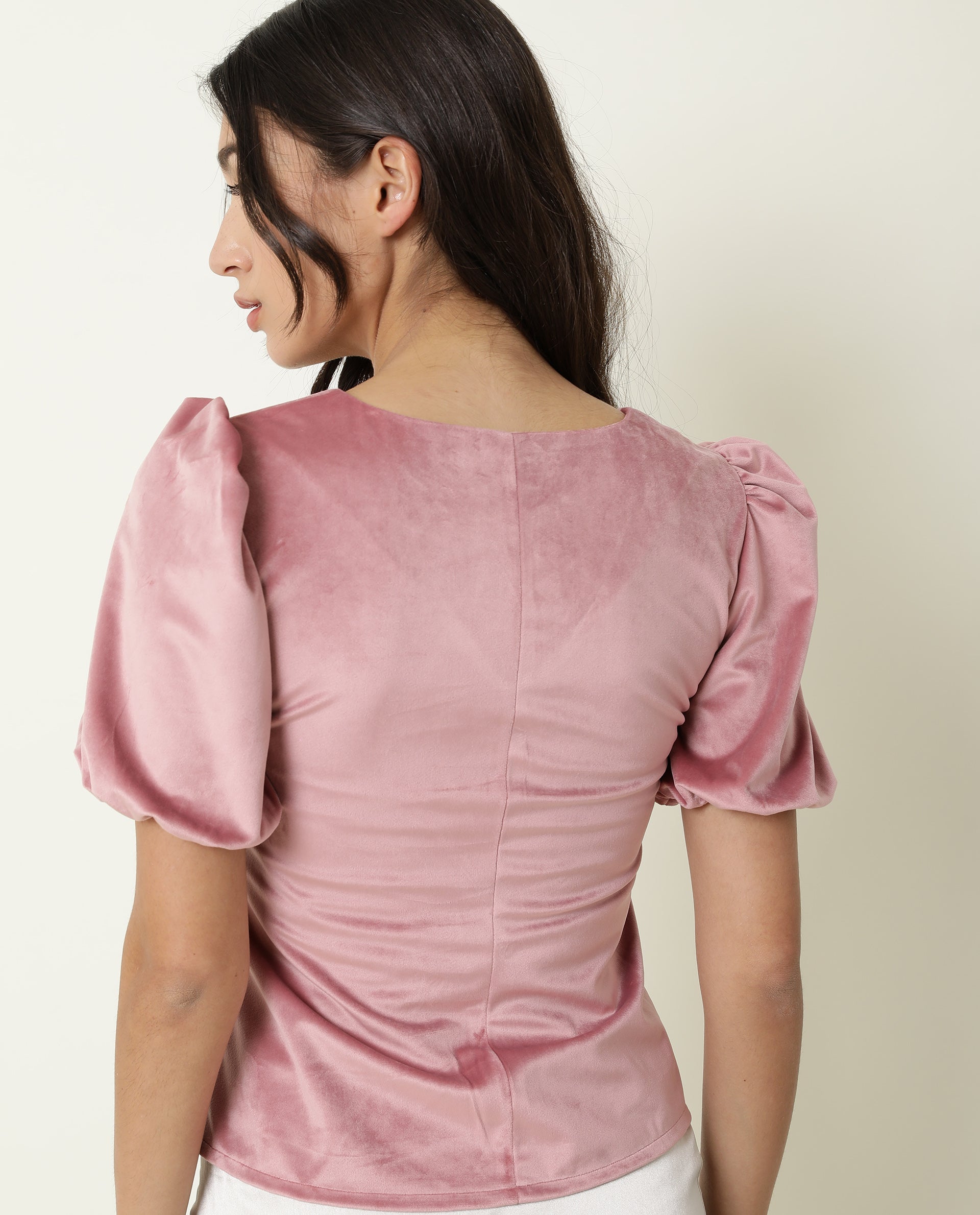 Rareism Women's Mun Pink Velvet V-Neck Plain Cuffed Sleeve Crop Regular Fit Top