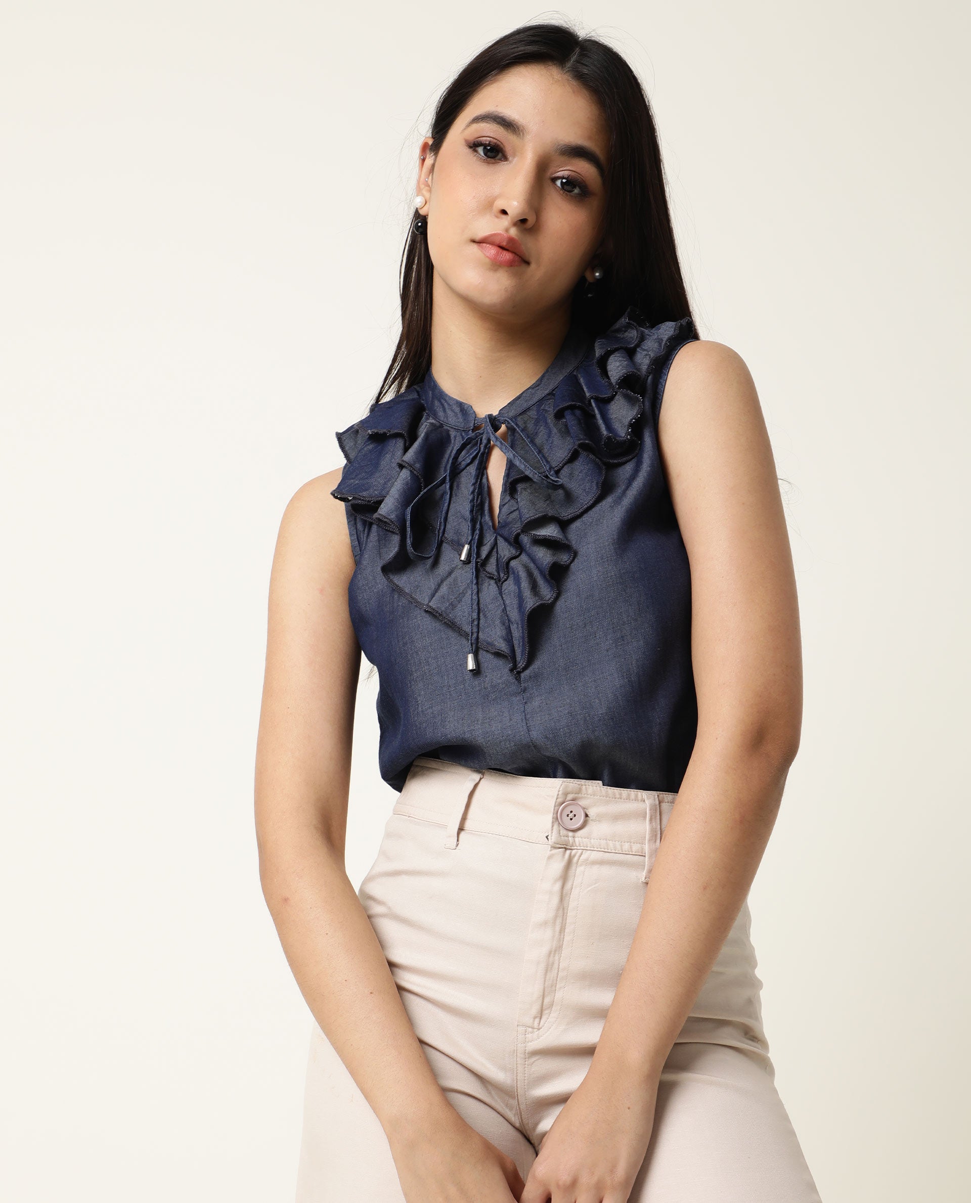 Rareism Women's Cage Navy Tencel Key Hole Neck Plain Sleeveless Tailored Top