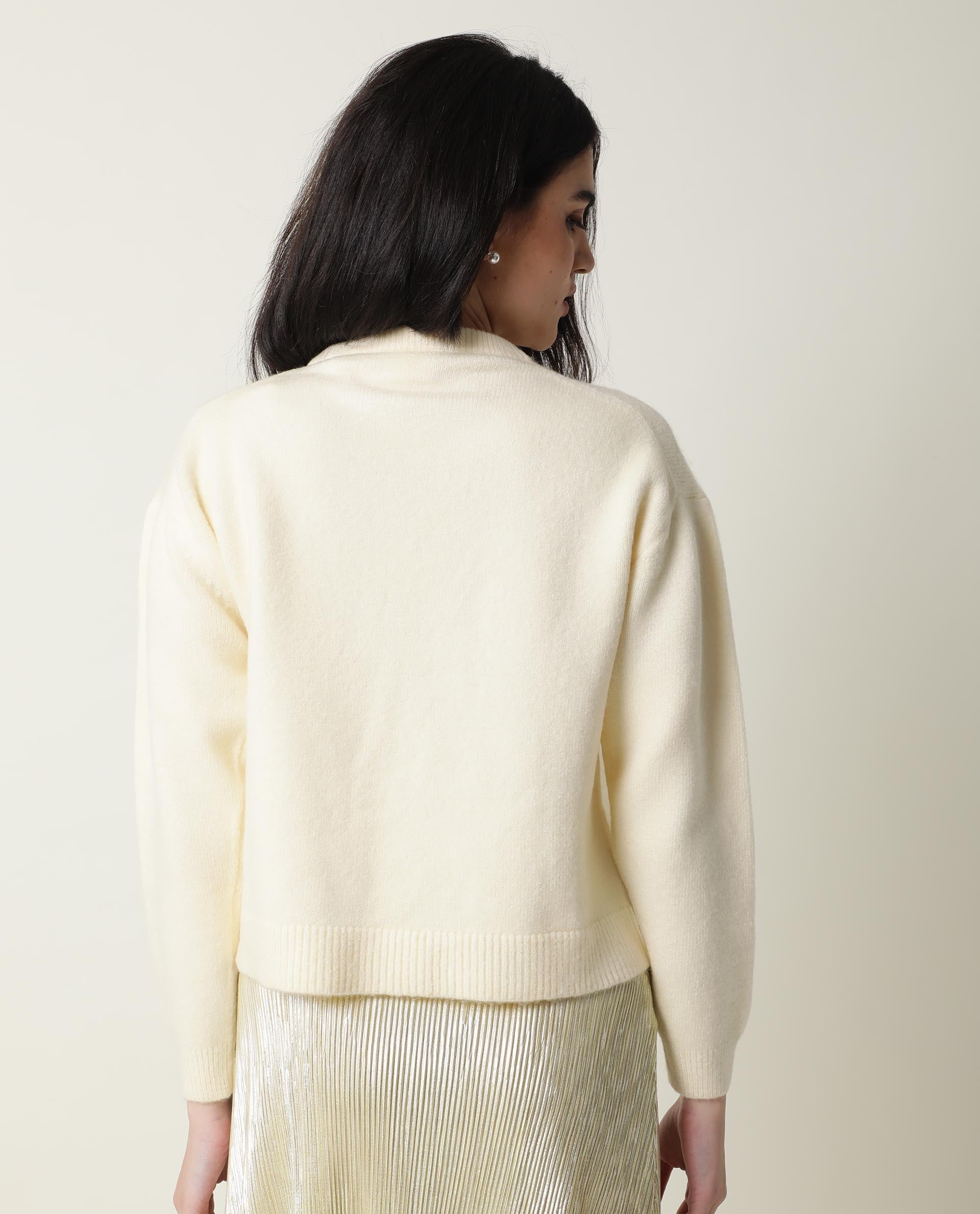 Rareism Women's Tulsy Offwhite Acrylic Crew Neck Embellished Knee Length Regular Fit Sweater