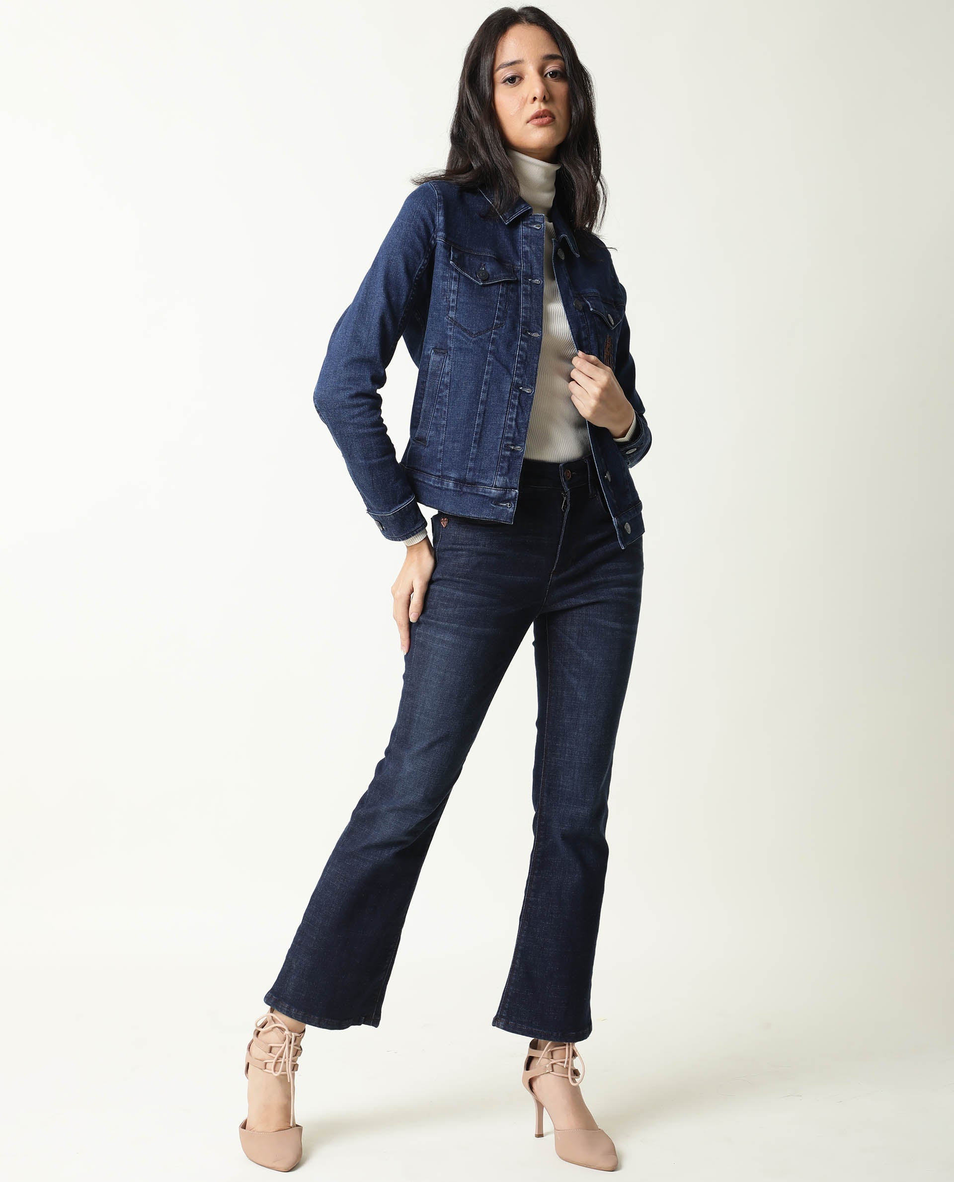 Rareism Women Misso Dark Blue Cotton Lycra Fabric Full Sleeves Solid Shirt Collar Jacket