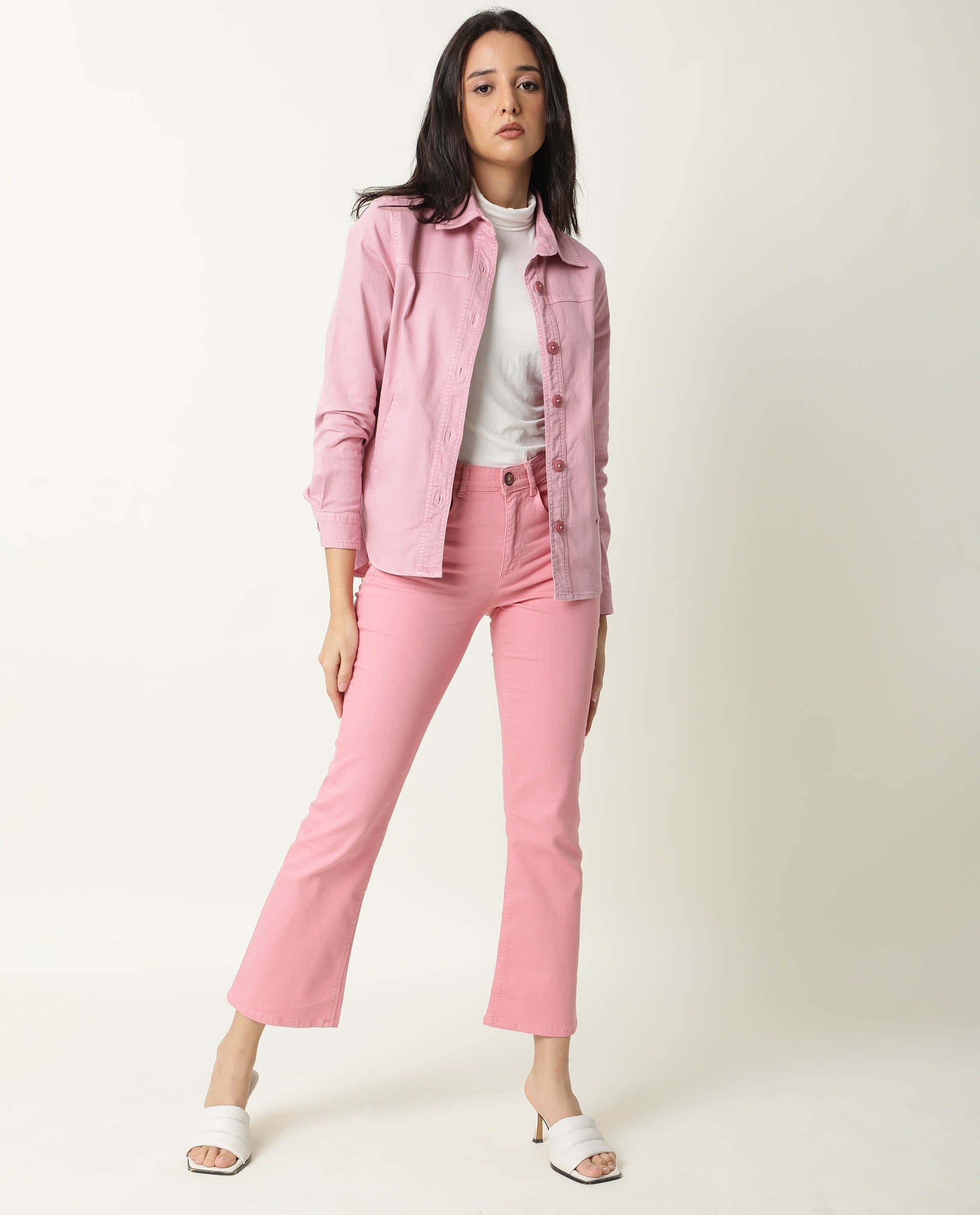 Rareism Women Mission Pink Cotton Lycra Fabric Full Sleeves Solid Shirt Collar Jacket