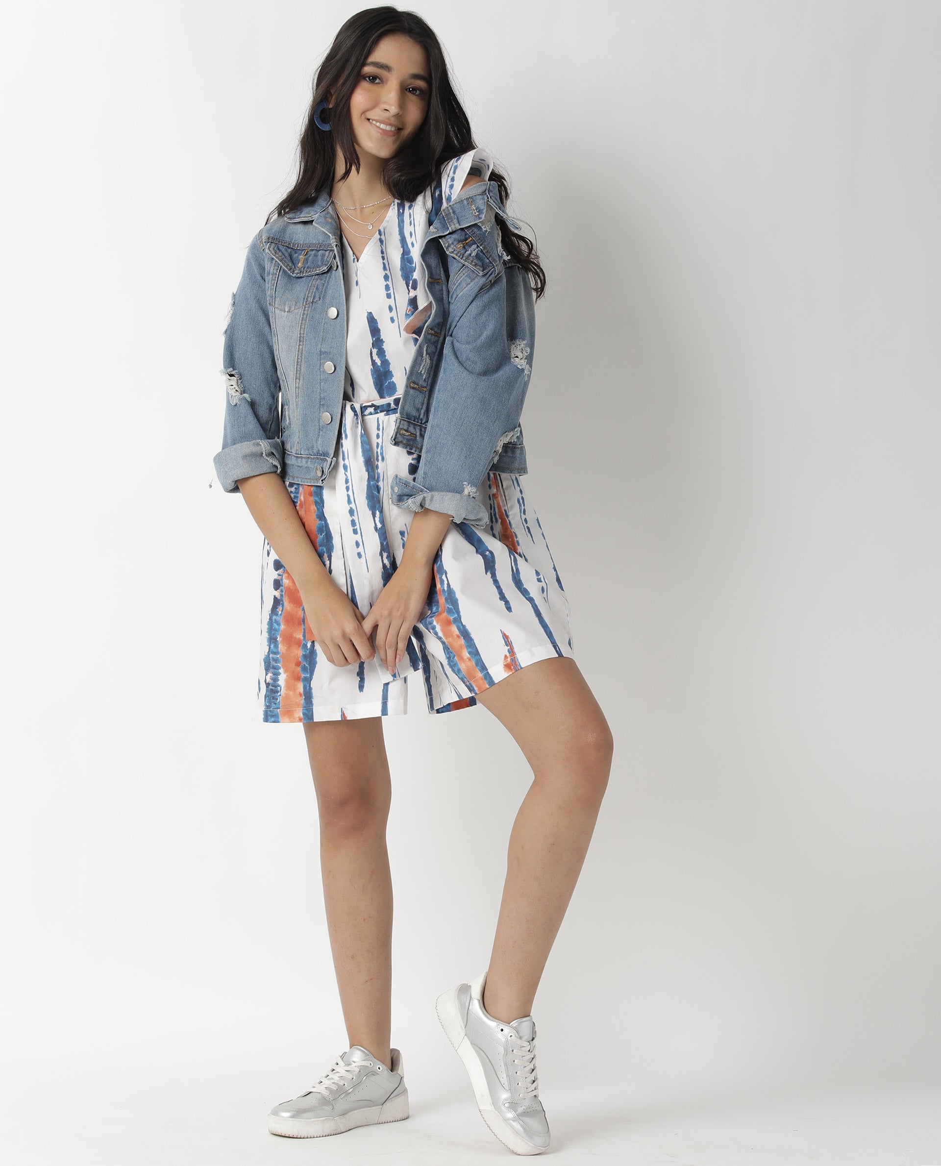 Rareism Women's Camera Offwhite Cotton V-Neck Abstract Print Sleeveless Regular Fit Playsuit