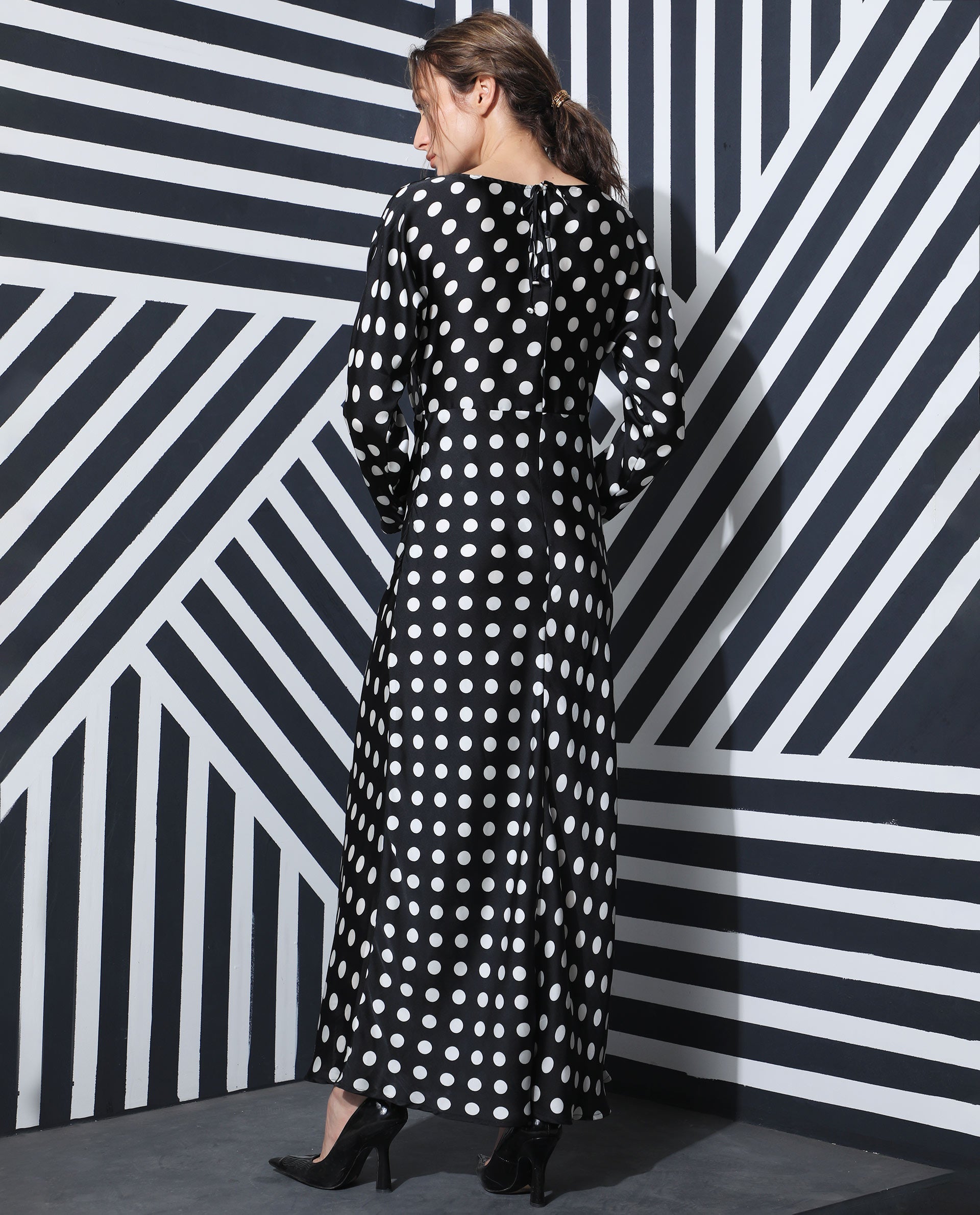 Rareism Women Alsus Black Polka Print Boat Neck Full Sleeves Maxi Dress