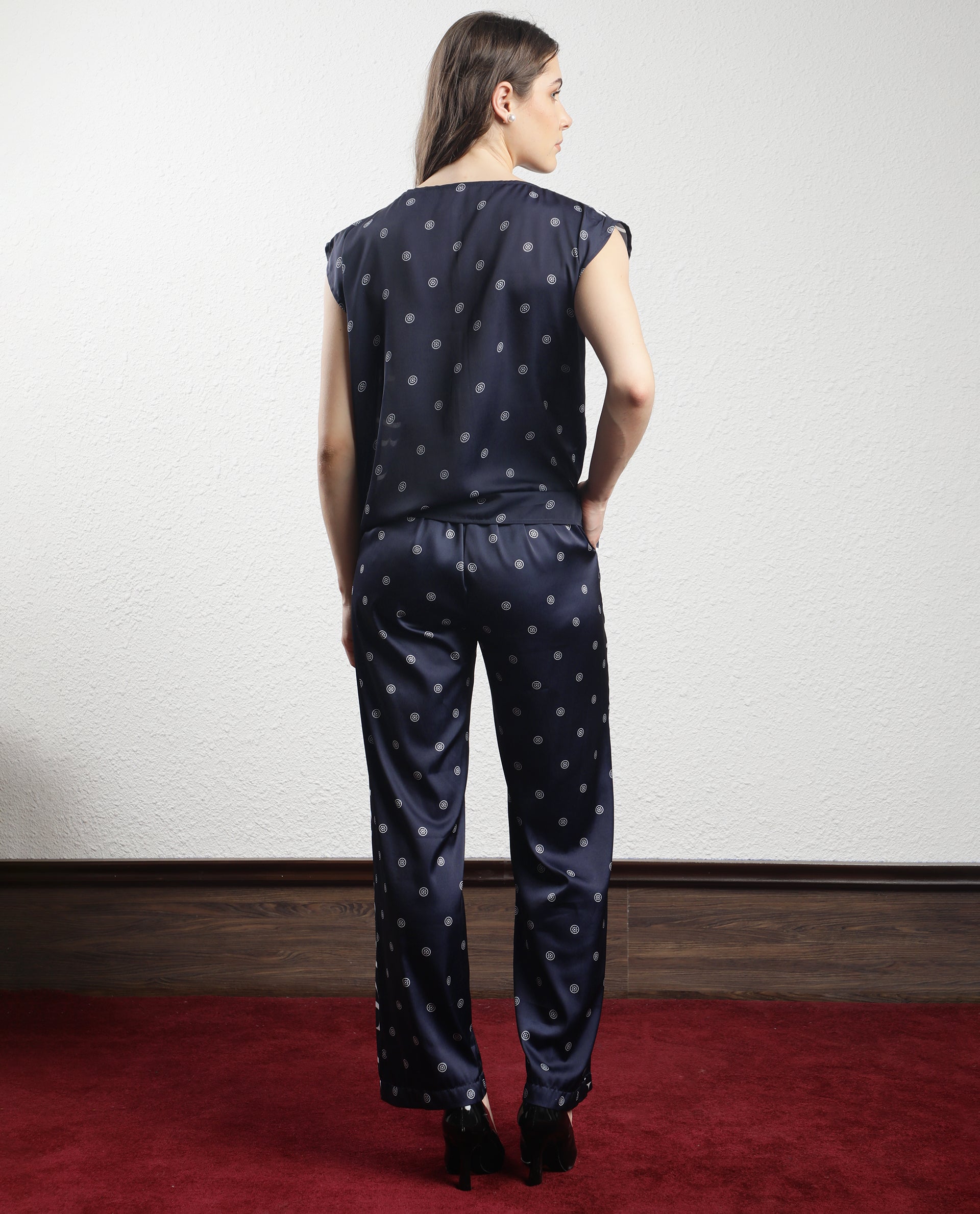 Rareism Women's Adelie Navy Polyester Polka Print Ankle Length Tailored Trouser