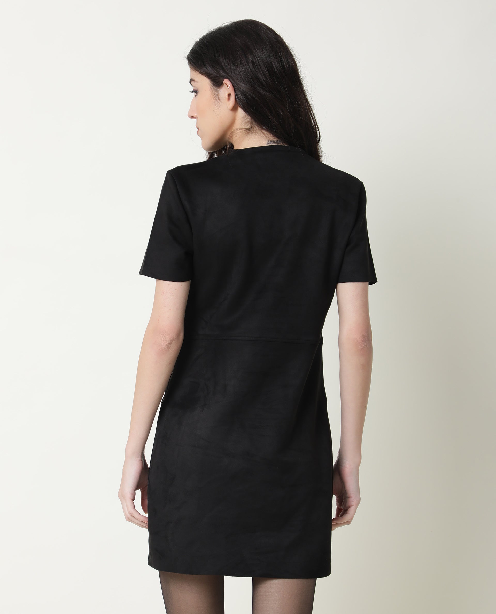 Rareism Women's Sions Black Crew Neck Plain Knee Length Tailored Dress