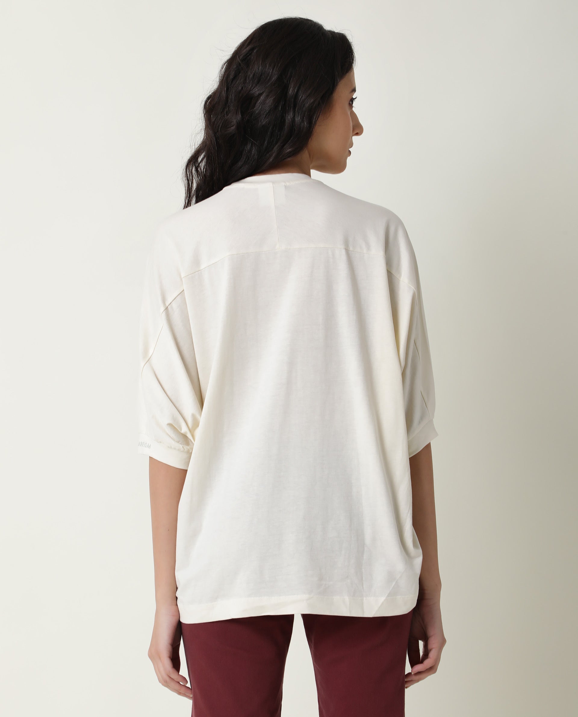 Rareism Women's Osmo Offwhite Cotton Crew Neck Plain Relaxed Fit Top