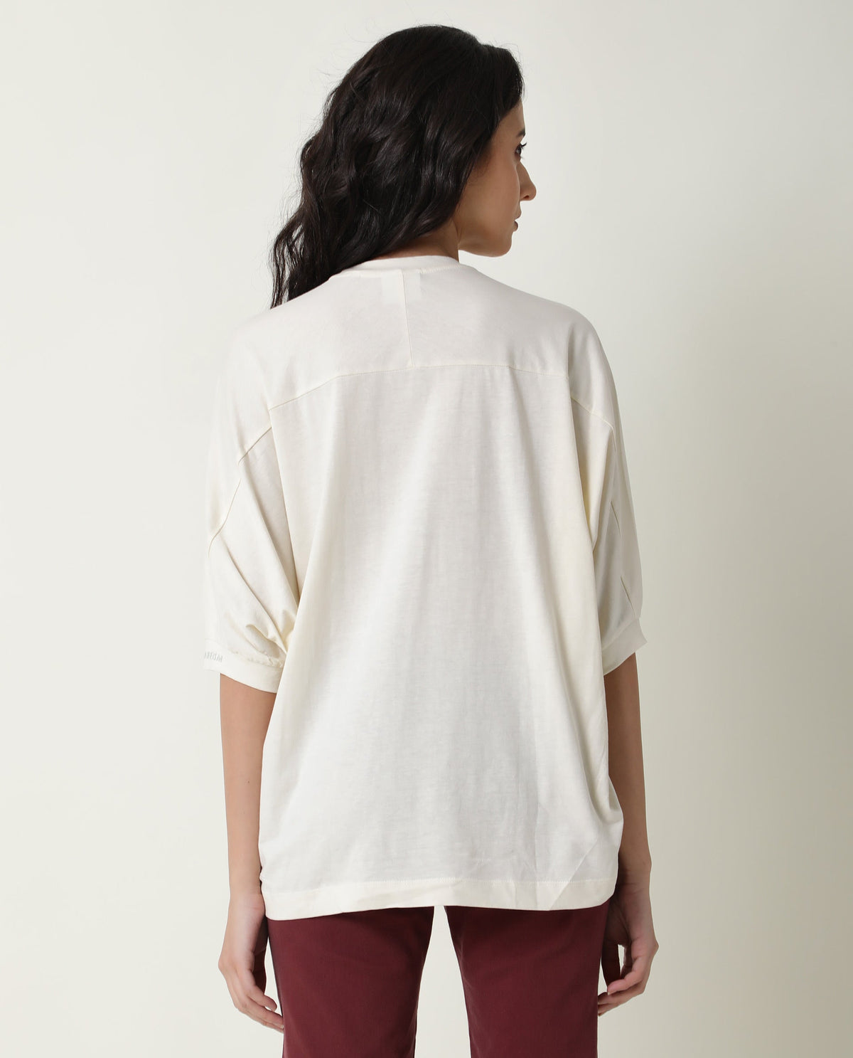 Rareism Women Osmo Off White Cotton Fabric Relaxed Fit Round Neck 3/4Th Sleeves Solid Top