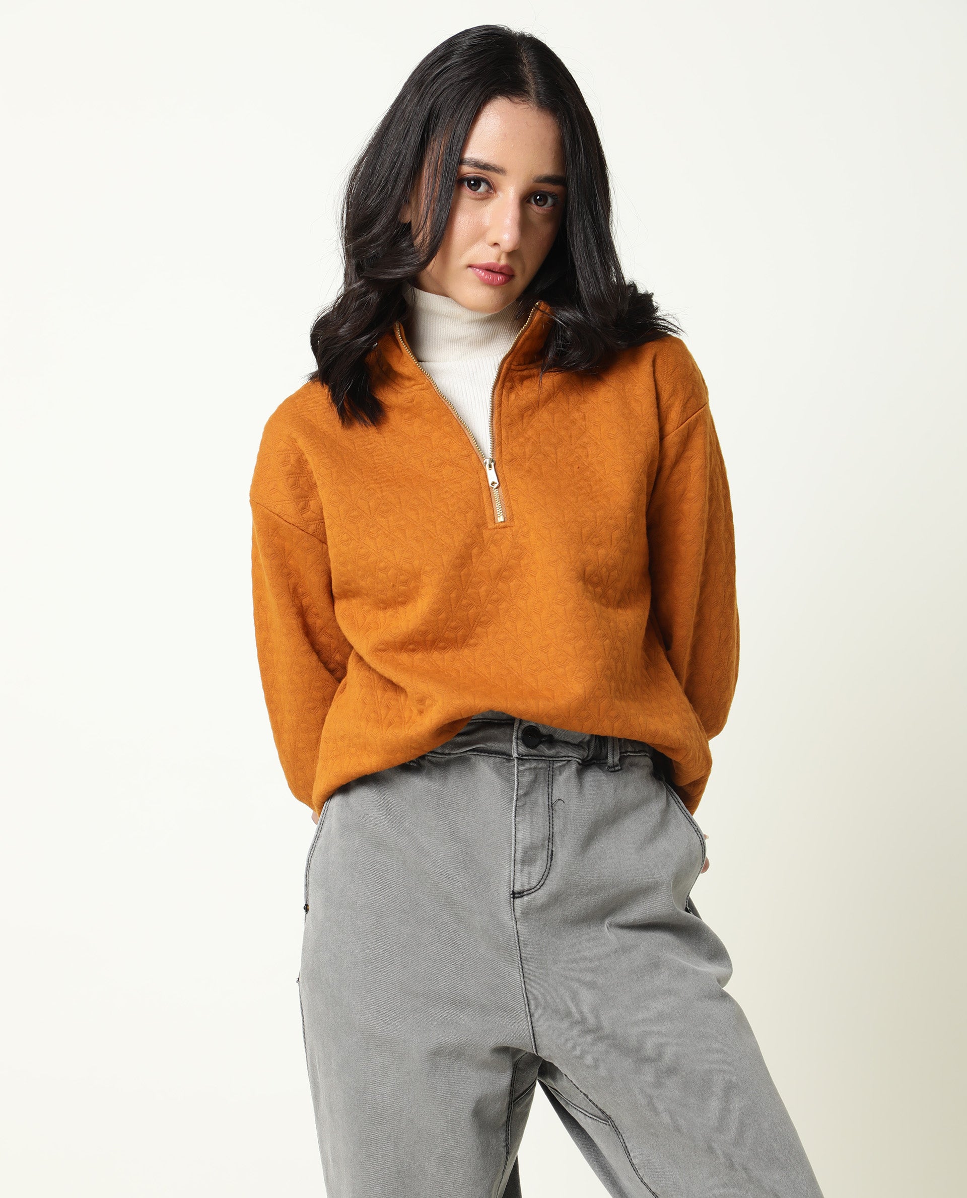 Rareism Women Bozo Dark Rust Regular Fit Full Sleeves Textured High Neck Sweatshirt