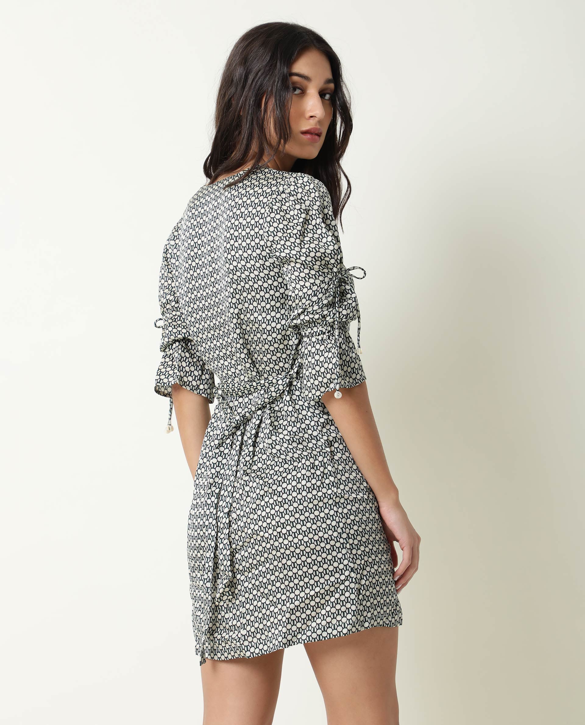 Rareism Women's Cecilia Beige V-Neck Geometric Print Knee Length Regular Fit Dress