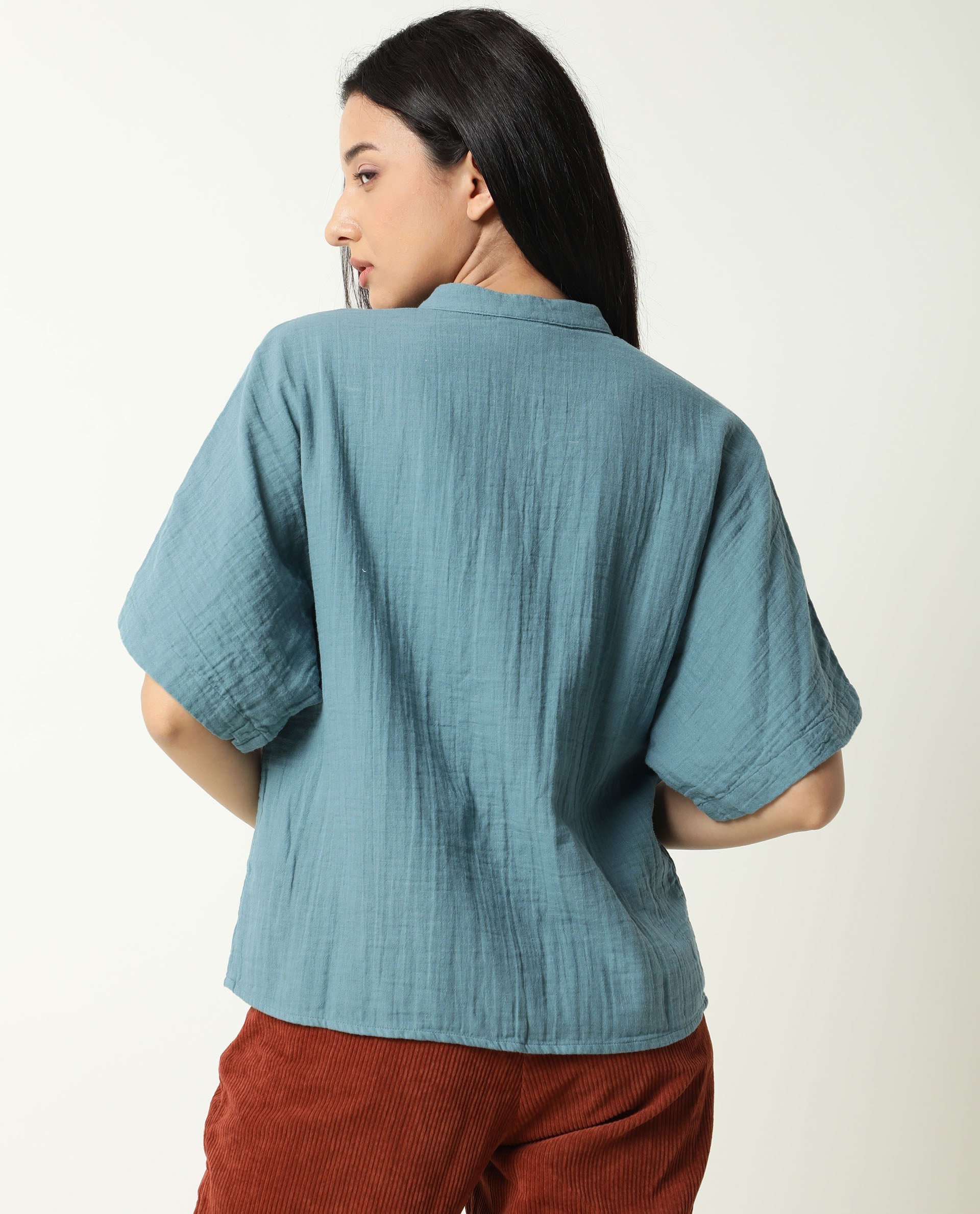 Rareism Womens Imro Green Top Cotton Fabric Regular Fit Regular Sleeves Mandarin Neck