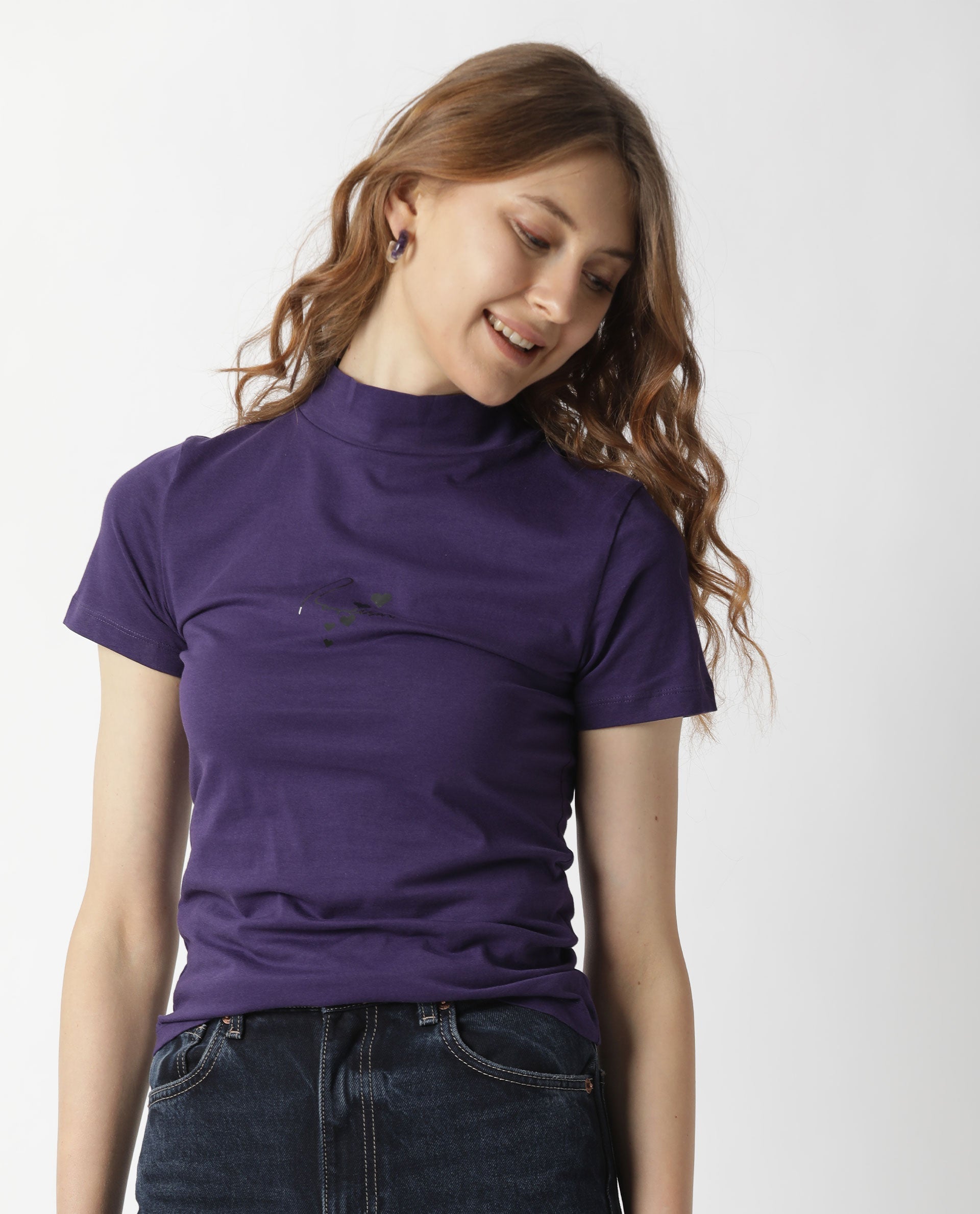 Rareism Women Hamock Purple Cotton Fabric Regular Fit Half Sleeves Solid Crew Neck T-Shirt