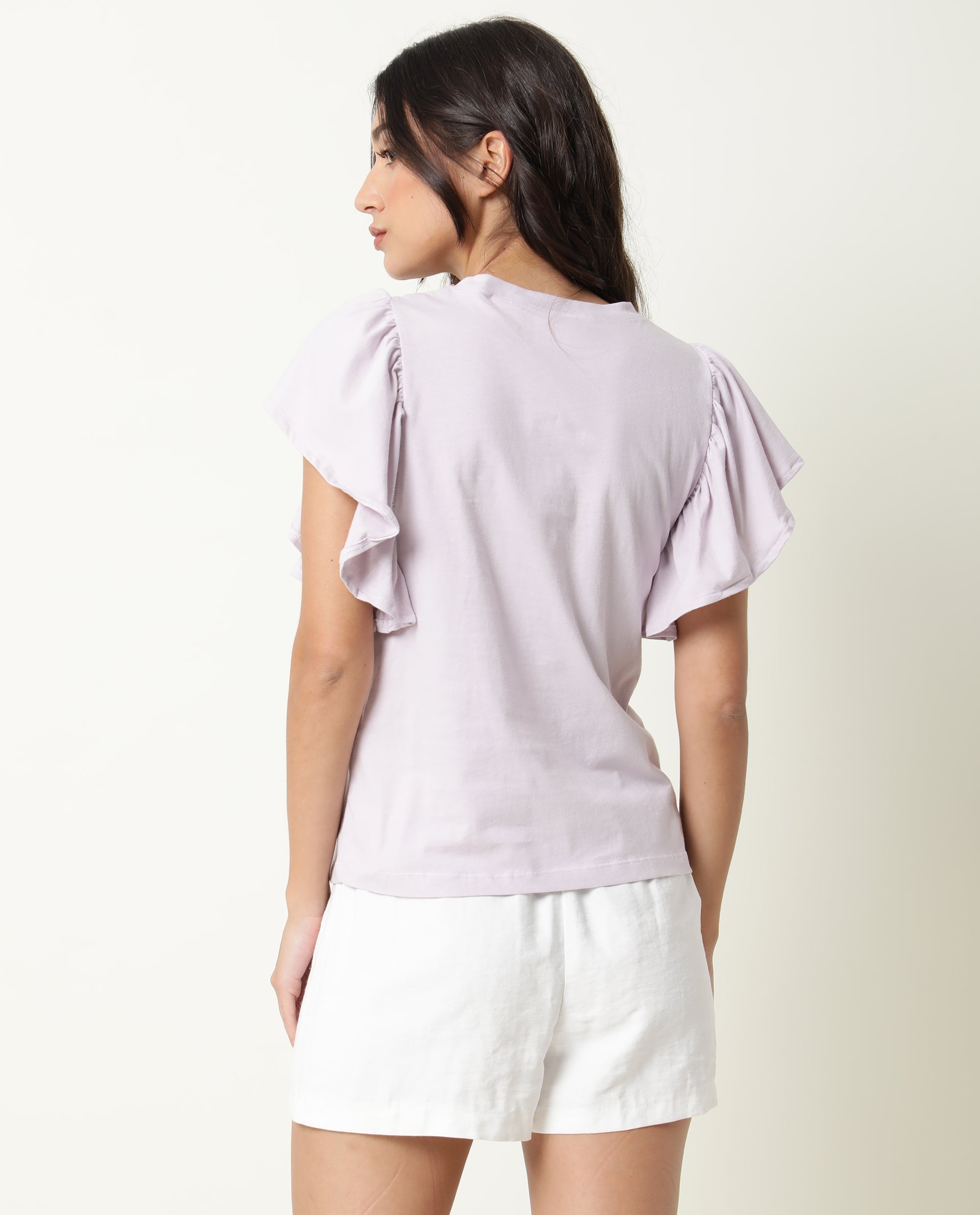 Rareism Women's Yatch Purple Cotton Crew Neck Plain Ruffled Sleeve Regular Fit Top
