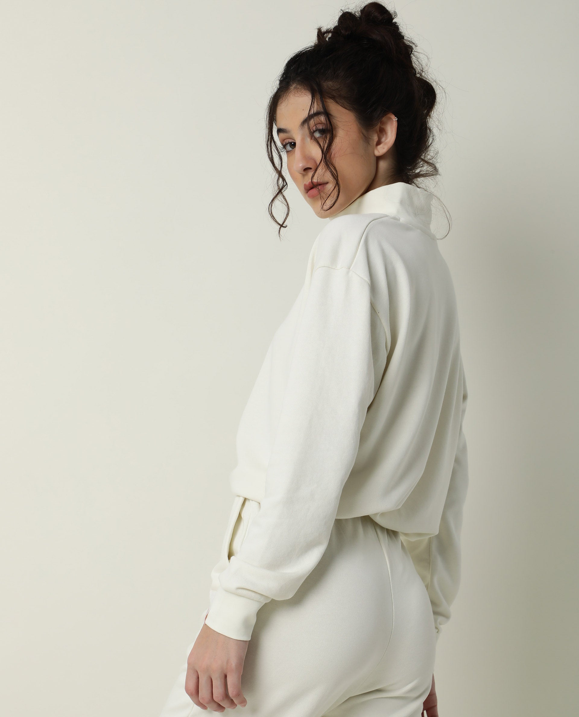 Rareism Women's Taffy-1 Off White High Neck Plain Relaxed Fit Sweatshirt