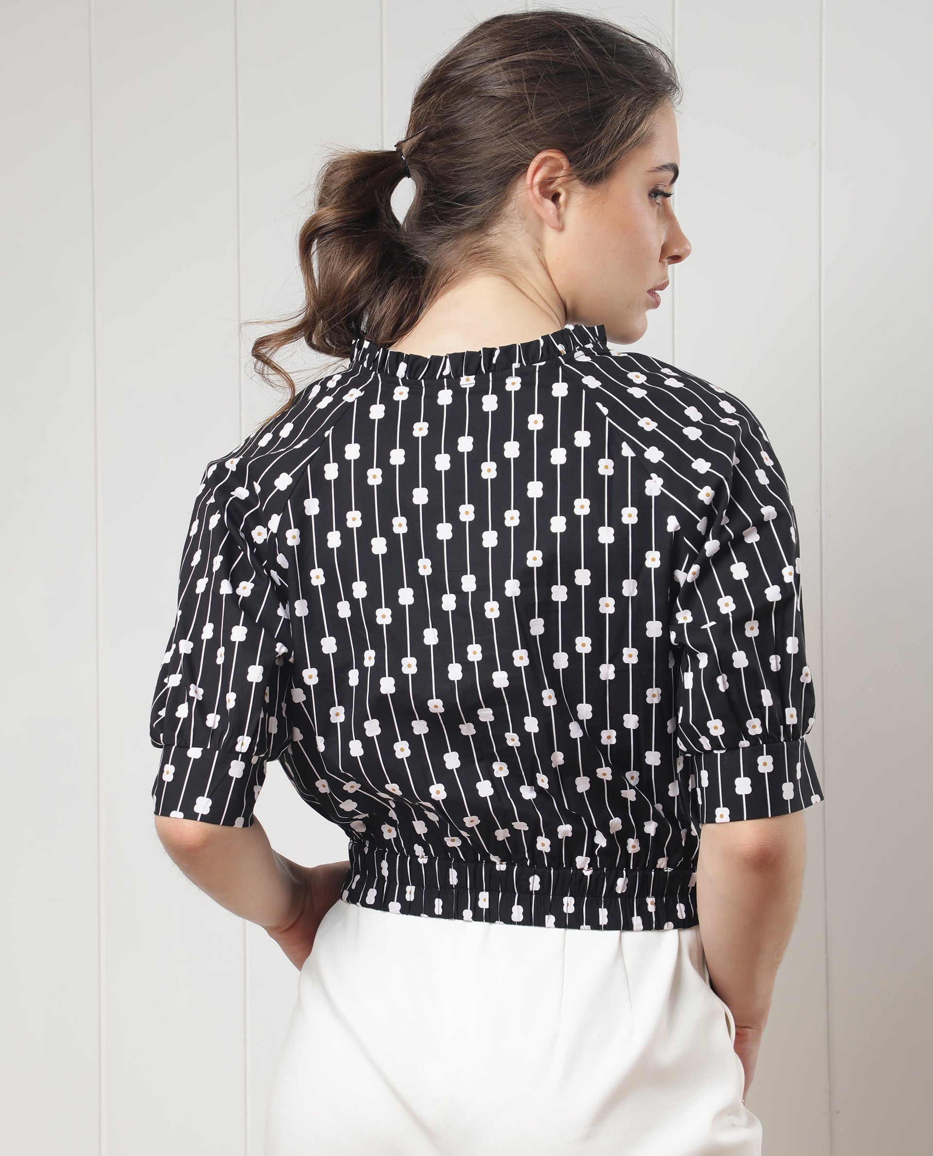 Rareism Women's Jack Black Cotton Tie-Up Neck Floral Print Volume Sleeve Relaxed Fit Top