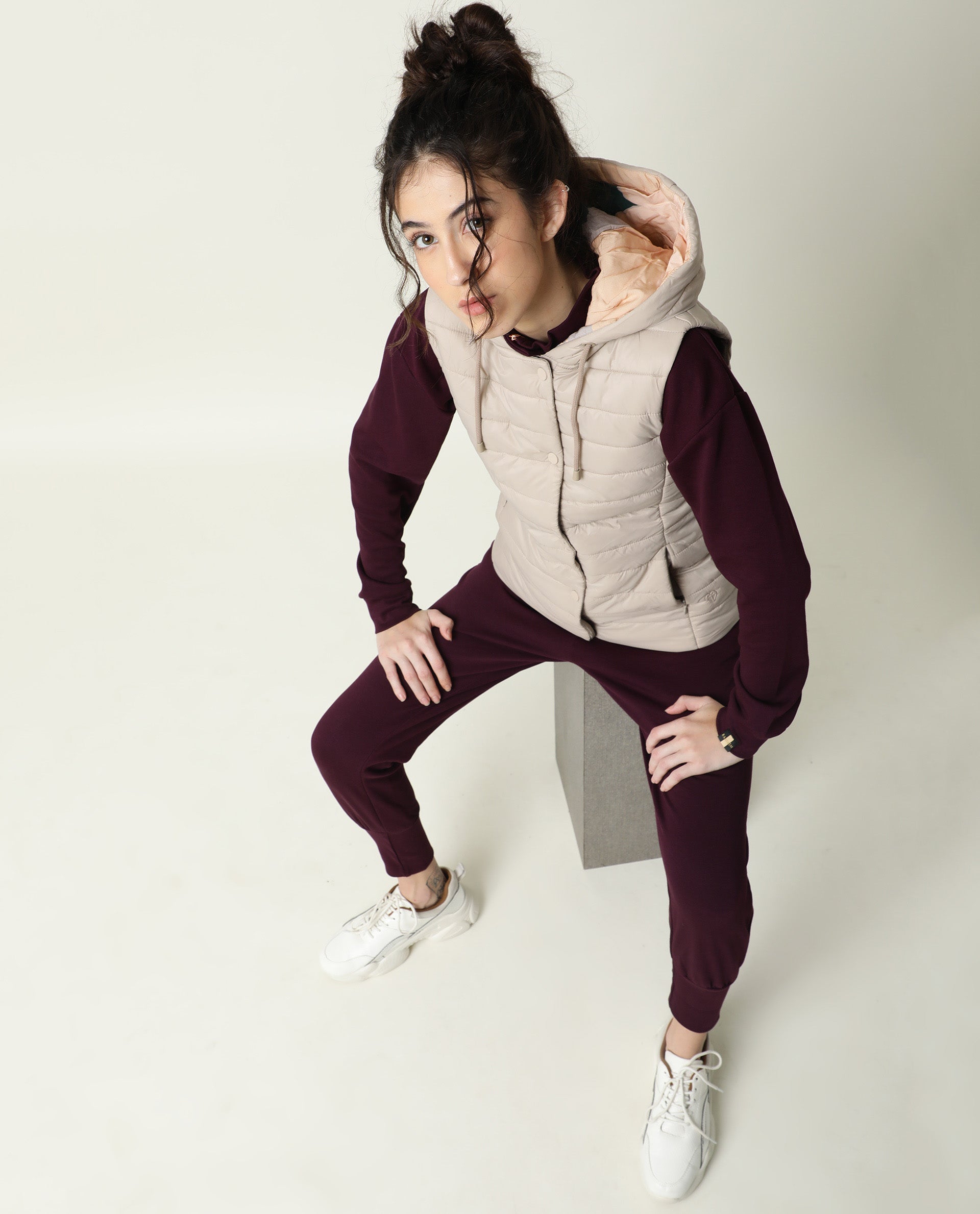 Rareism Women Troop Beige Sleeveless Solid Hooded Jacket