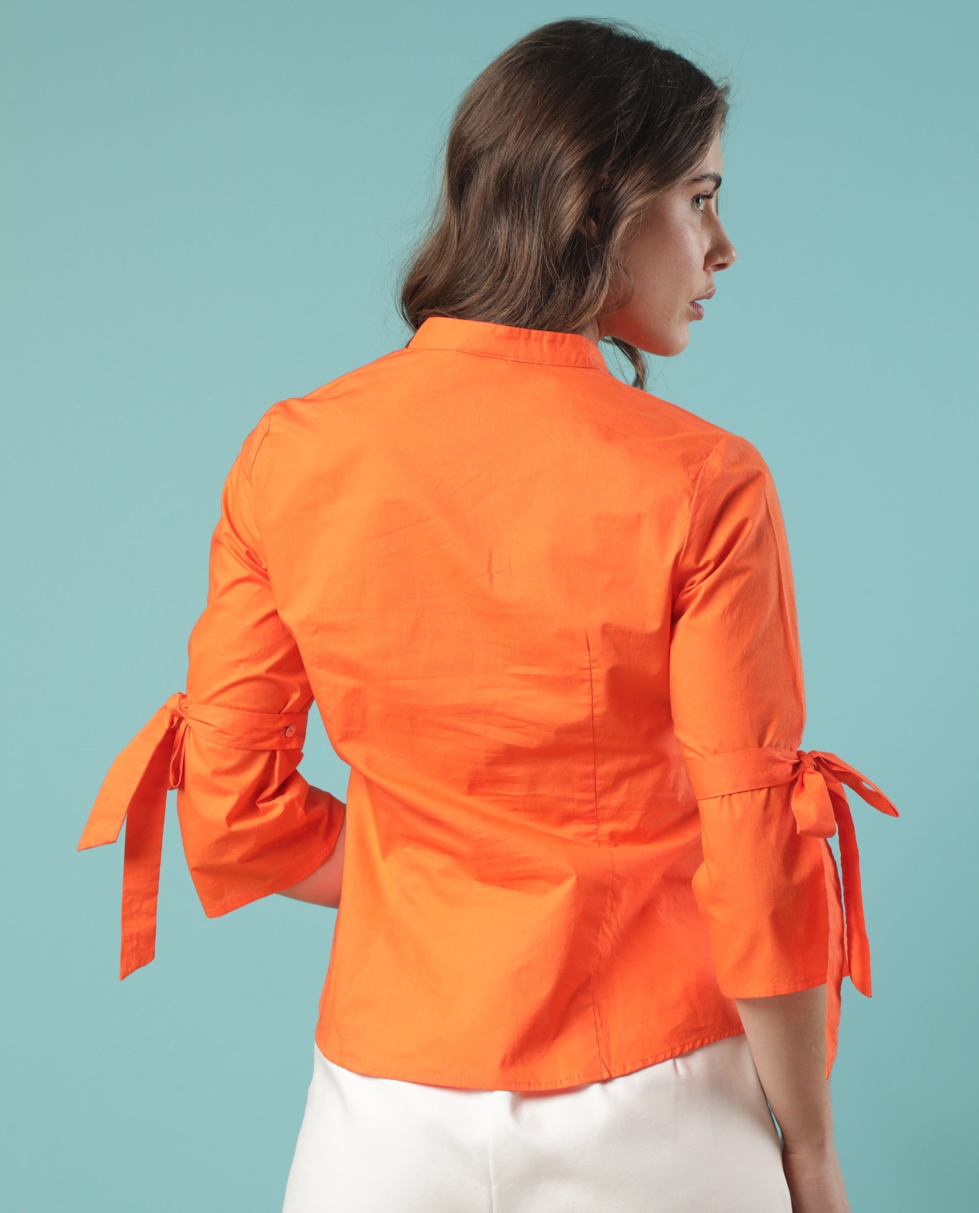 Rareism Women's Tips Orange Cotton Mandarin Collar Plain Regular Fit Top