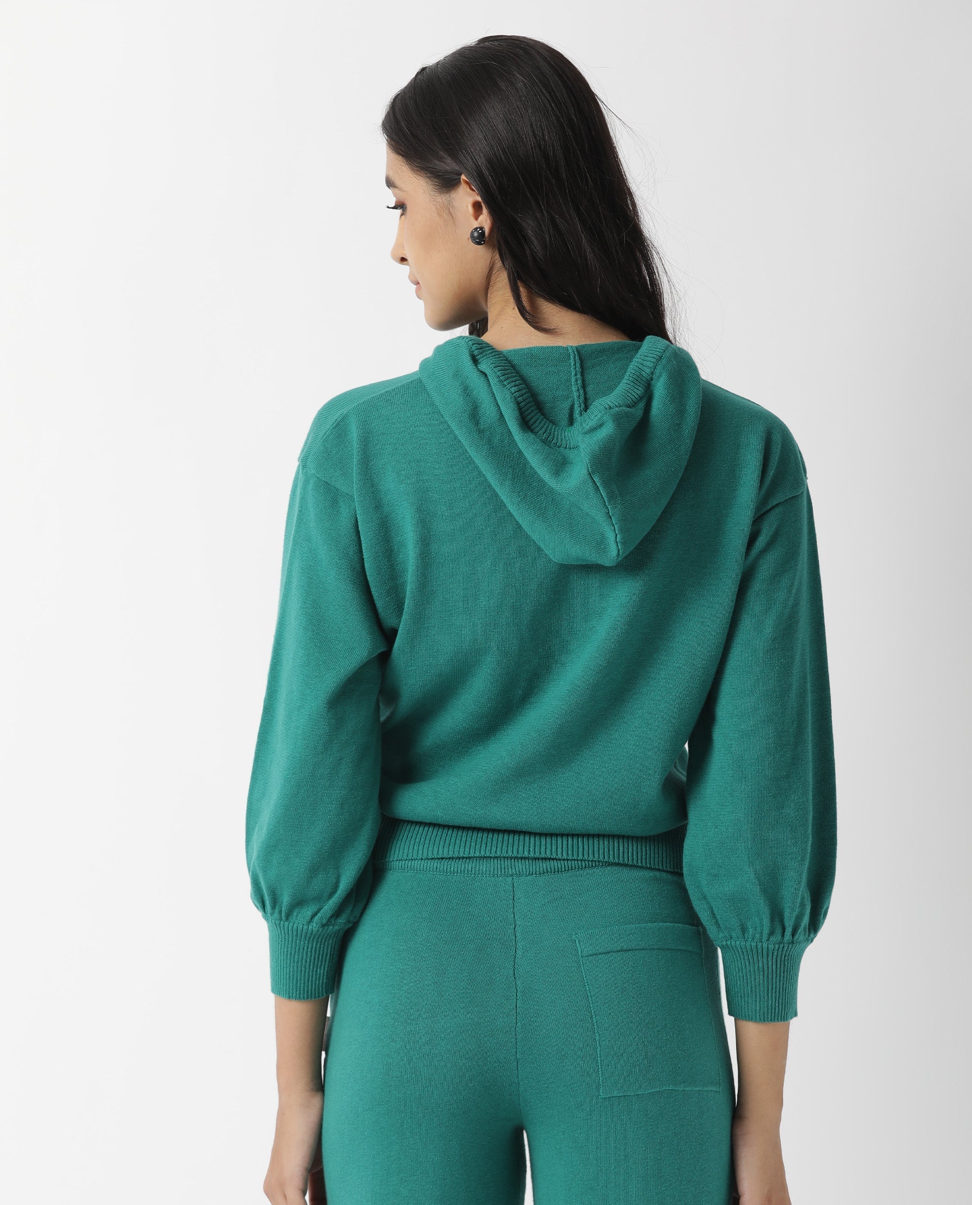 Rareism Women Finn Green Cotton Fabric Relaxed Fit Full Sleeves Solid Knee Length Hooded Track Suit