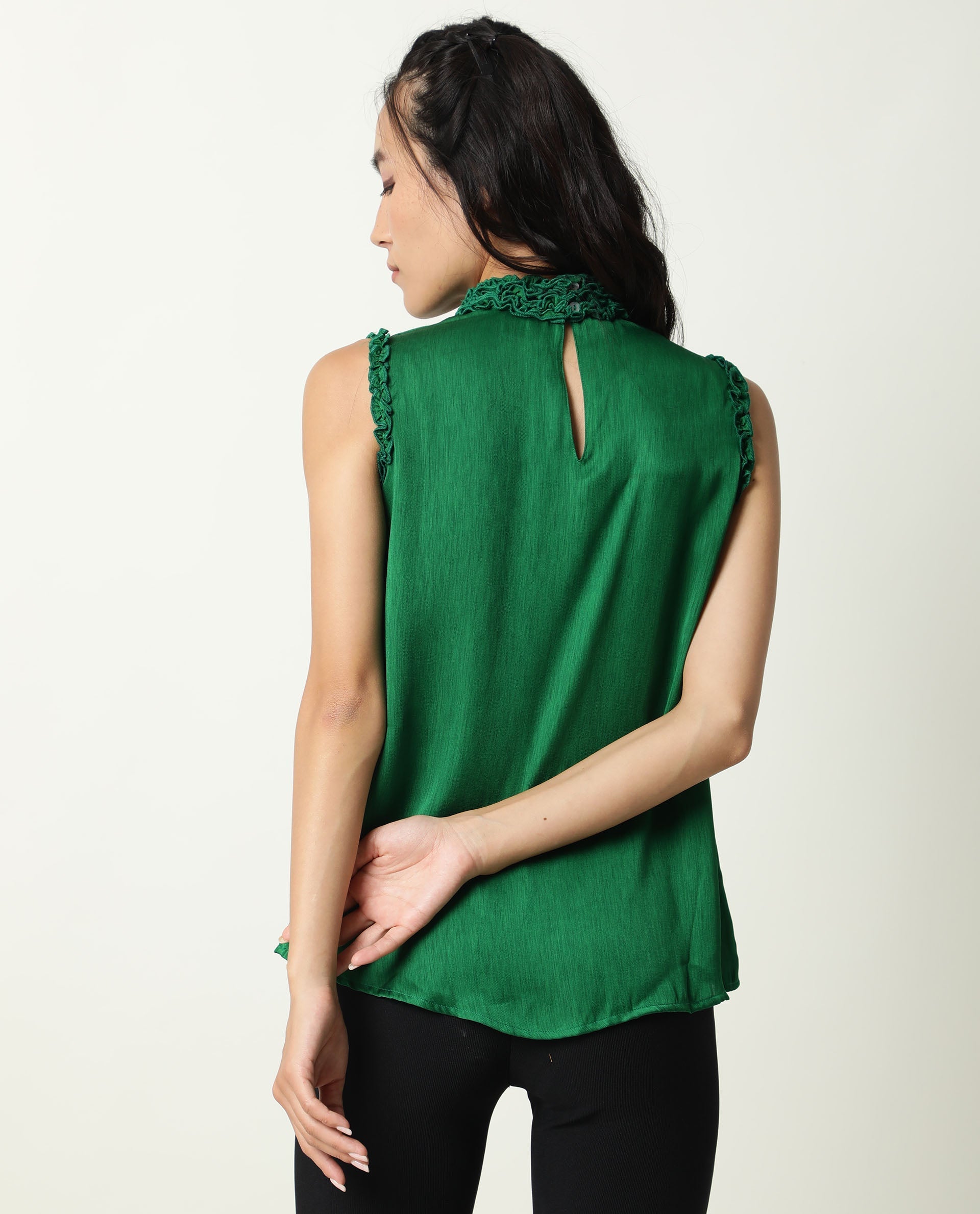 Rareism Womens Baileys Green Top Polyester Fabric Sleeveless Ruffled Neck