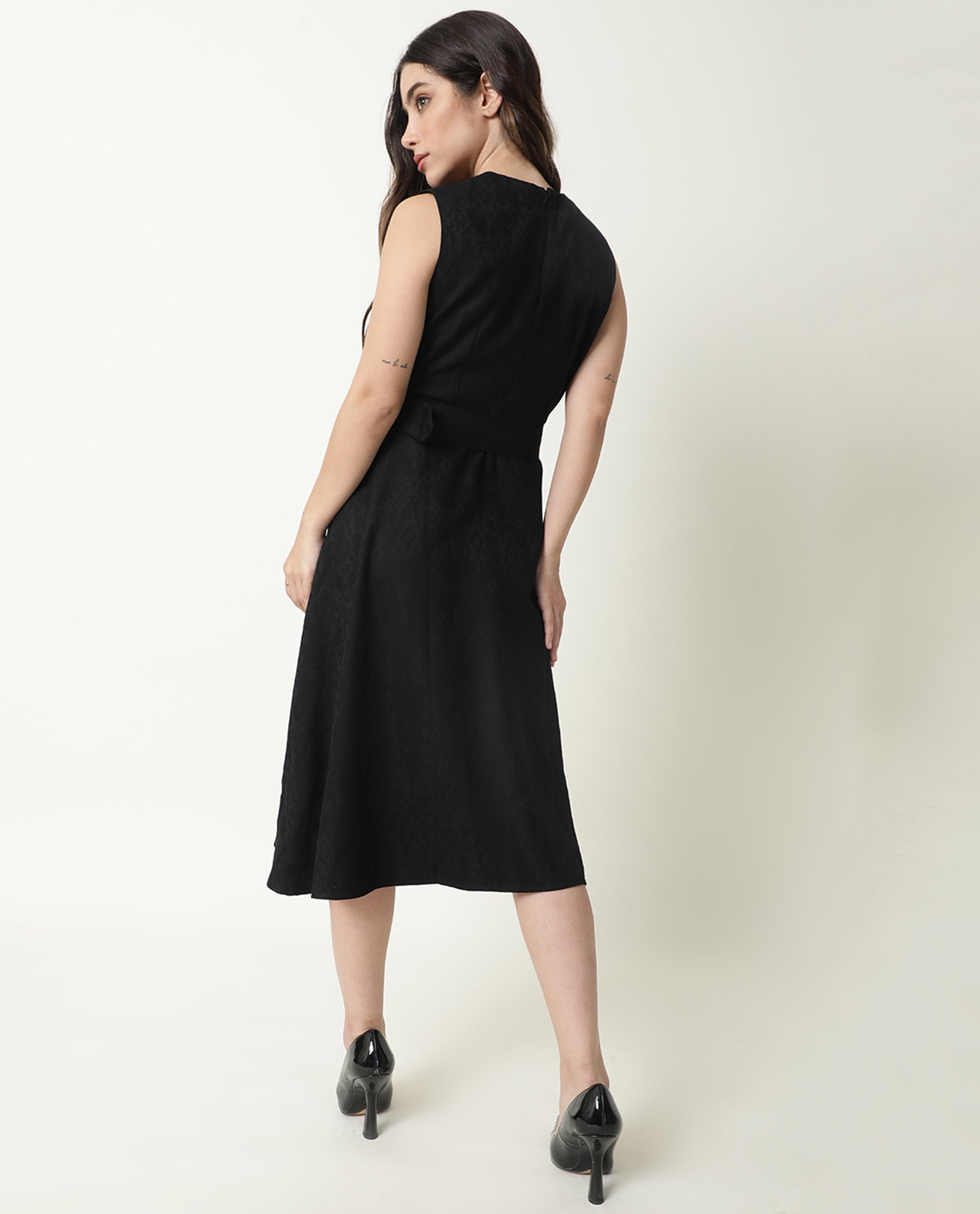 Rareism Women's Lacau Black Polyester Crew Neck Plain Sleeveless Midi Flared Dress