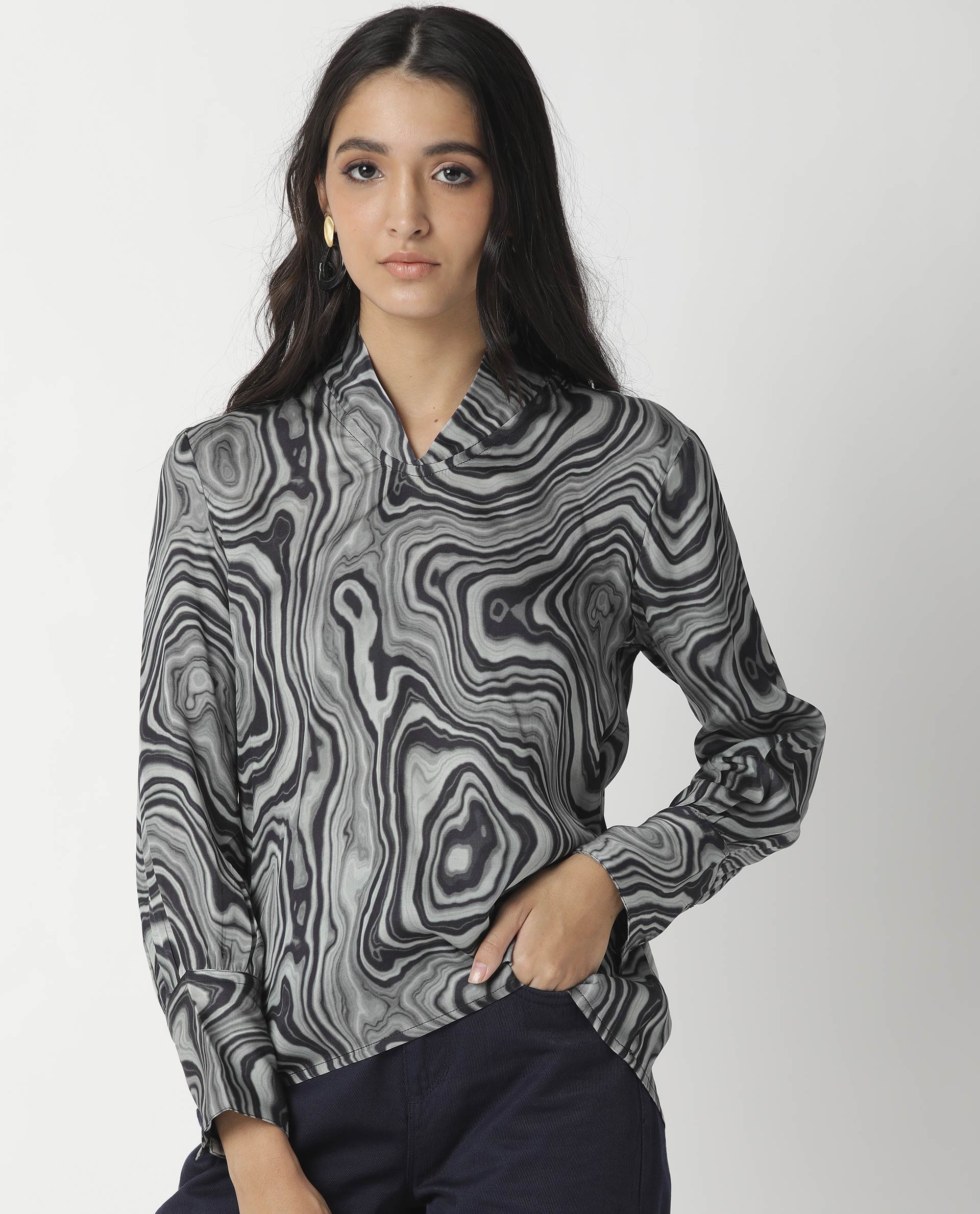 Rareism Womens Camp Black Top Modal Satin Fabric Regular Fit Cuffed Sleeve Mandarin Neck