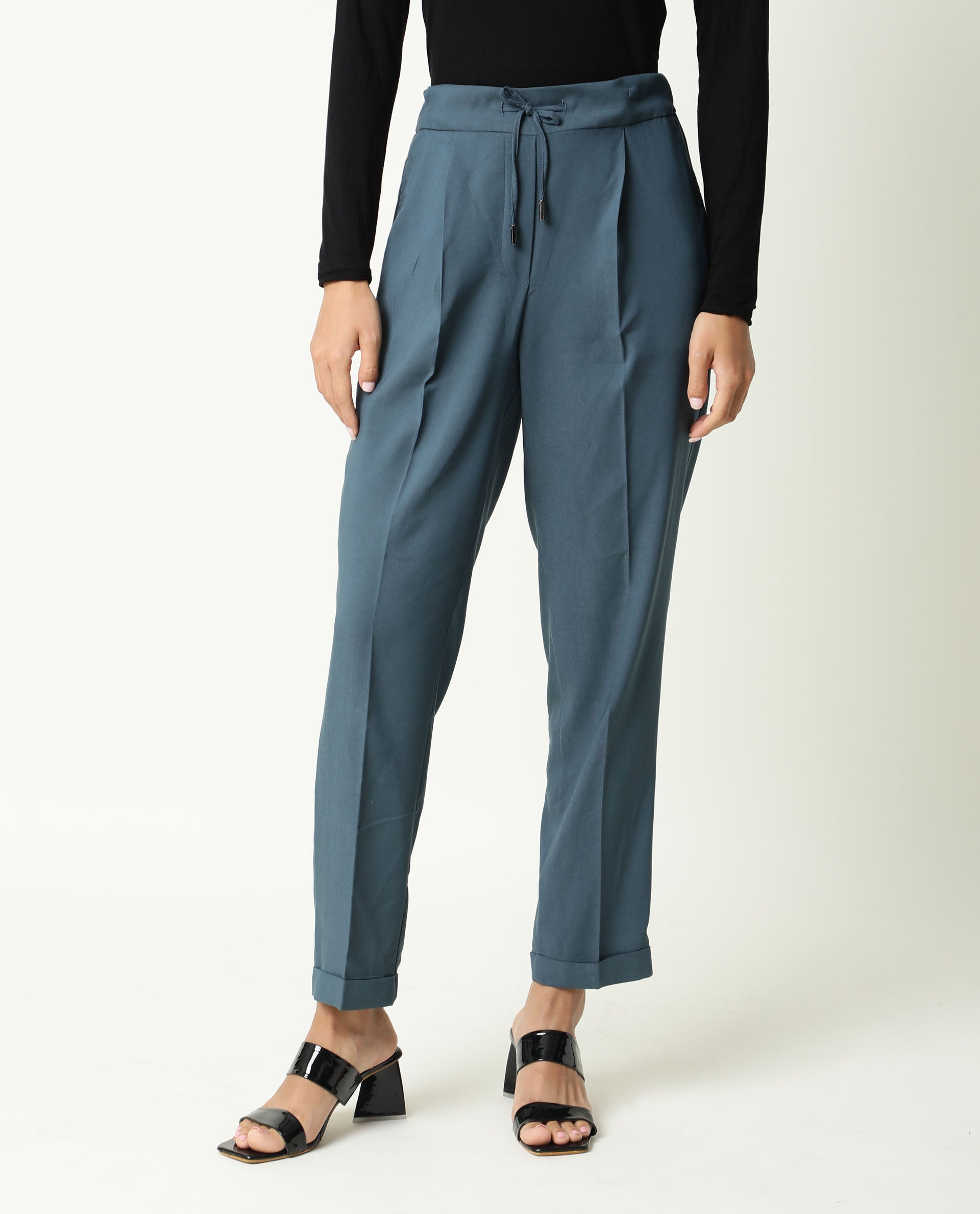 Rareism Women's Jeremiah Petrol Polyester Blend Plain Ankle Length Tailored Trouser