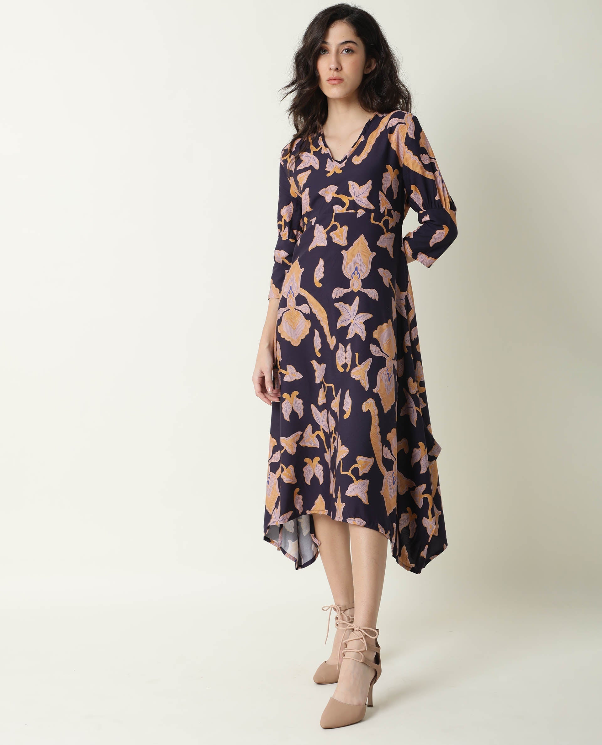 Rareism Women's Kenna Navy V-Neck Abstract Print Knee Length Regular Fit Dress