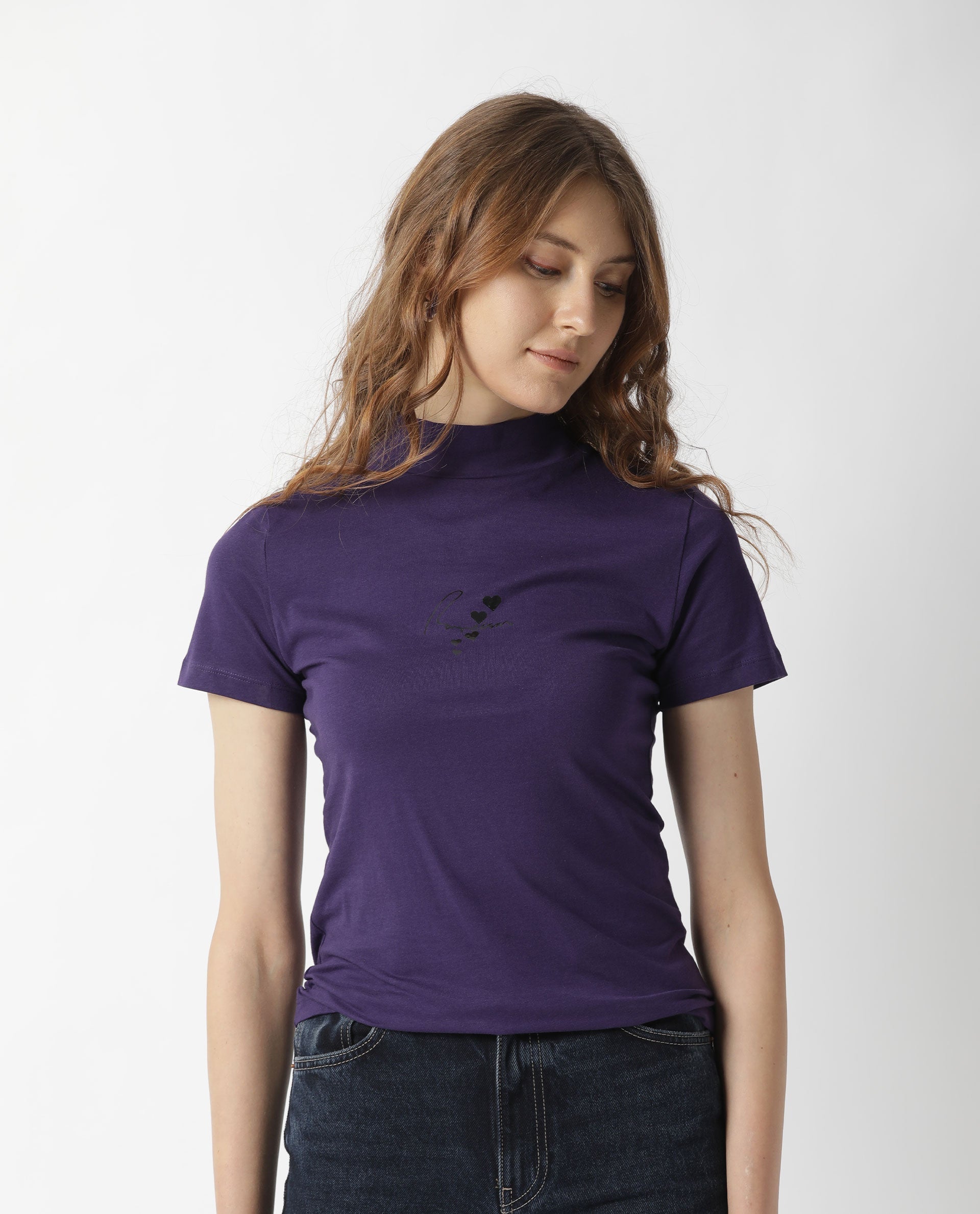 Rareism Women Hamock Purple Cotton Fabric Regular Fit Half Sleeves Solid Crew Neck T-Shirt