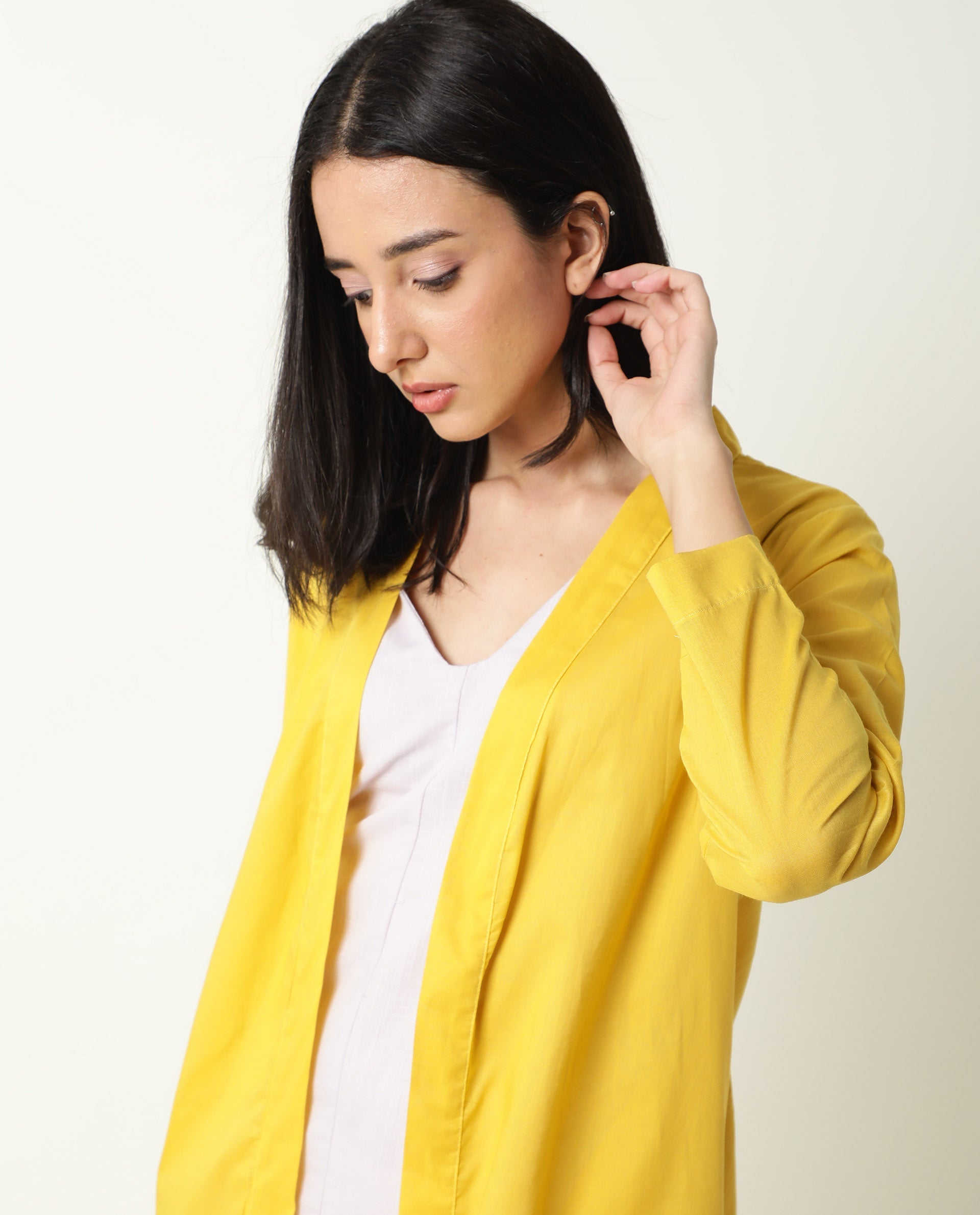 Rareism Women's Java Yellow Cotton Collarless Plain Knee Length Regular Fit Shrug