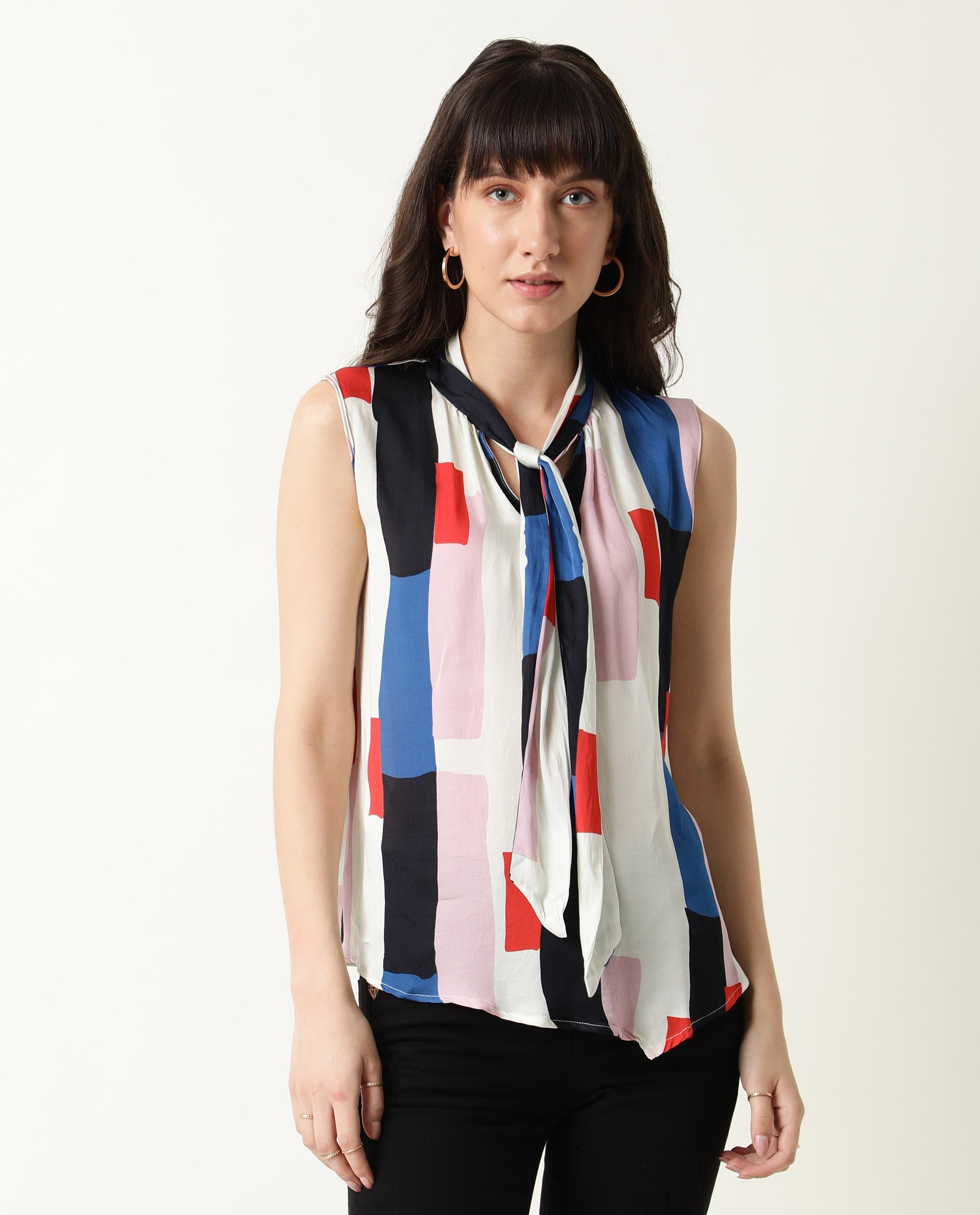 Rareism Women's Jazzes White Cowl Neck Printed Sleeveless Knee Length Tailored Top