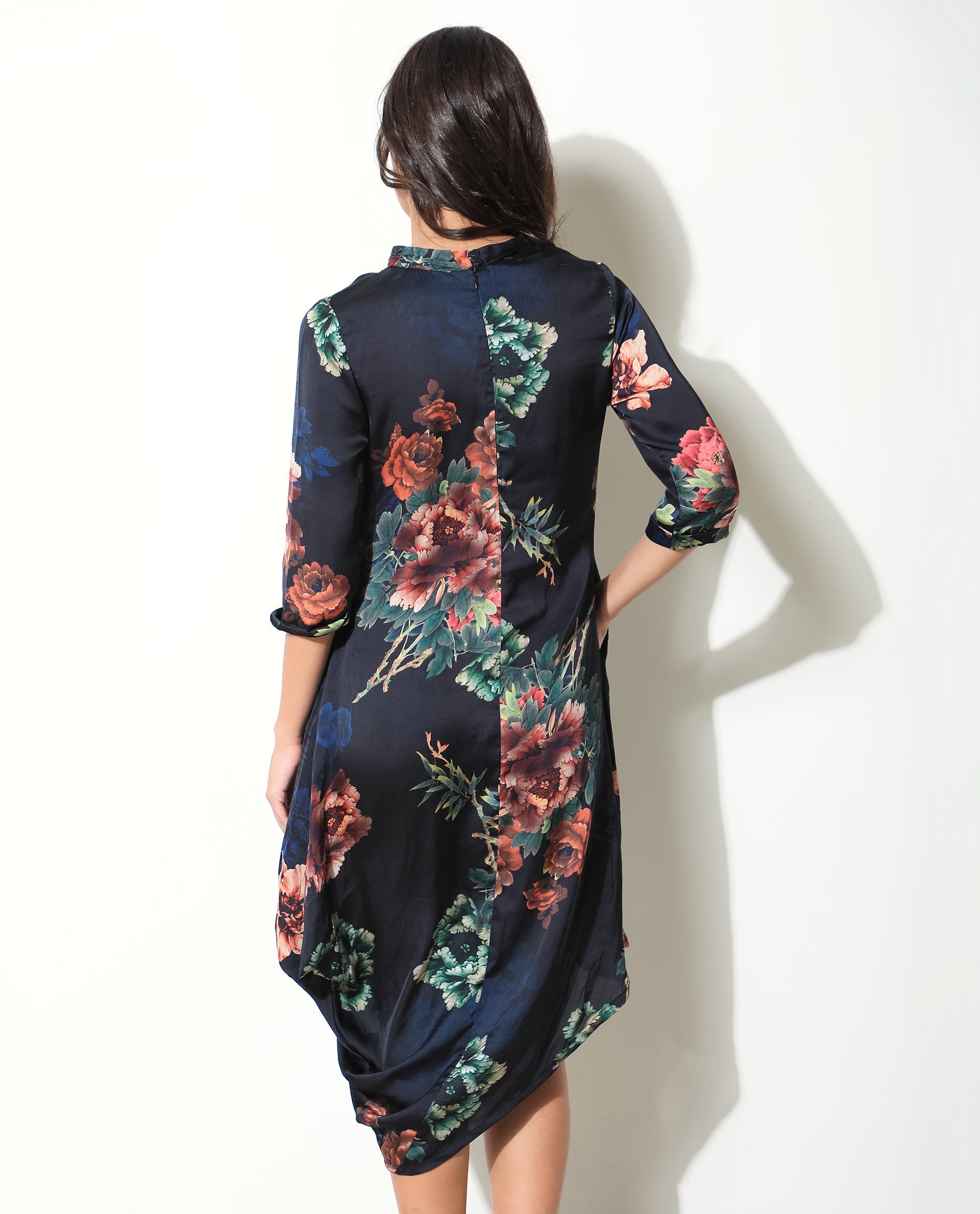Rareism Women Astilbe Black Floral Print High Neck 3/4 Sleeves Asymmetric Knee Length Dress