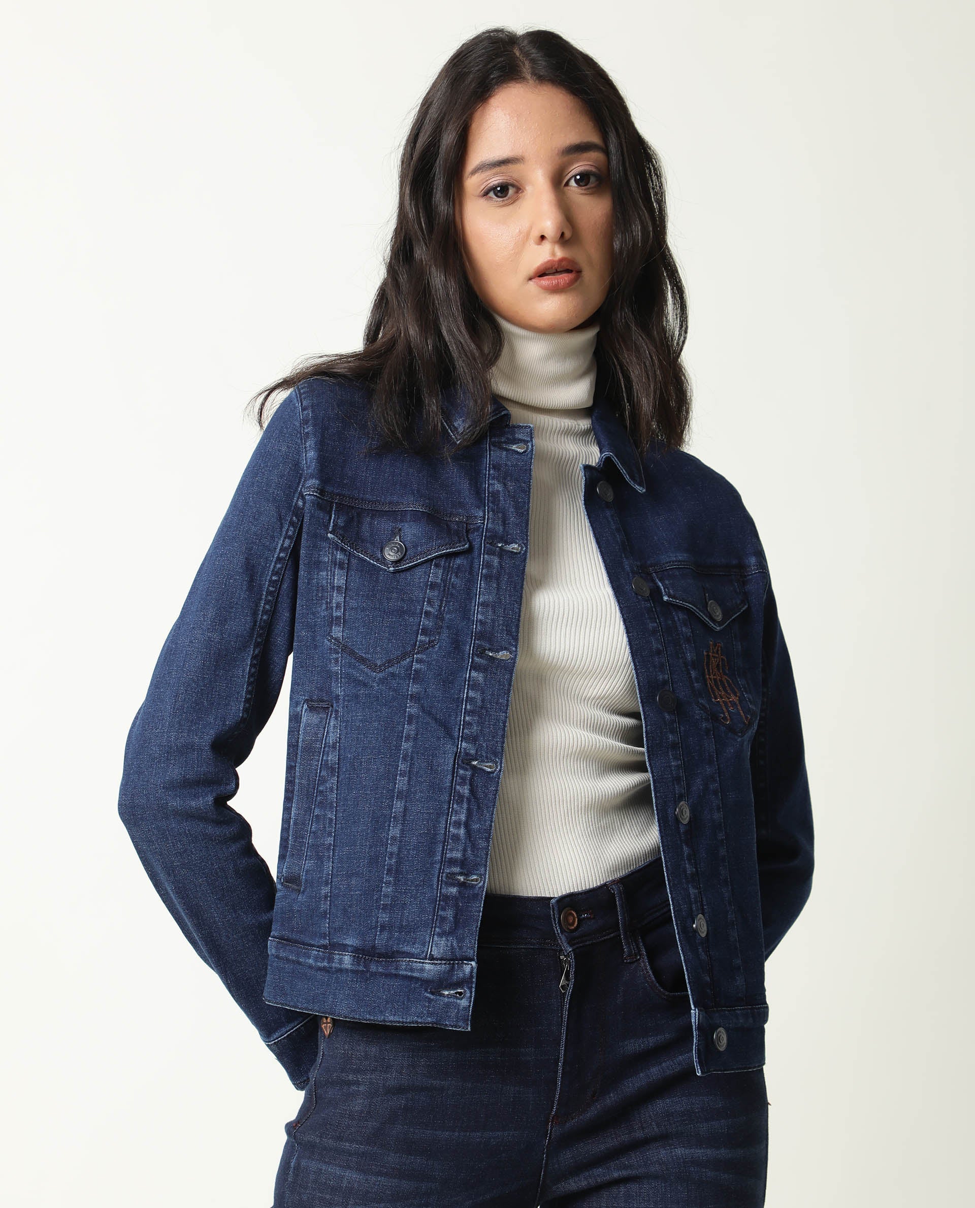 Rareism Women Misso Dark Blue Cotton Lycra Fabric Full Sleeves Solid Shirt Collar Jacket