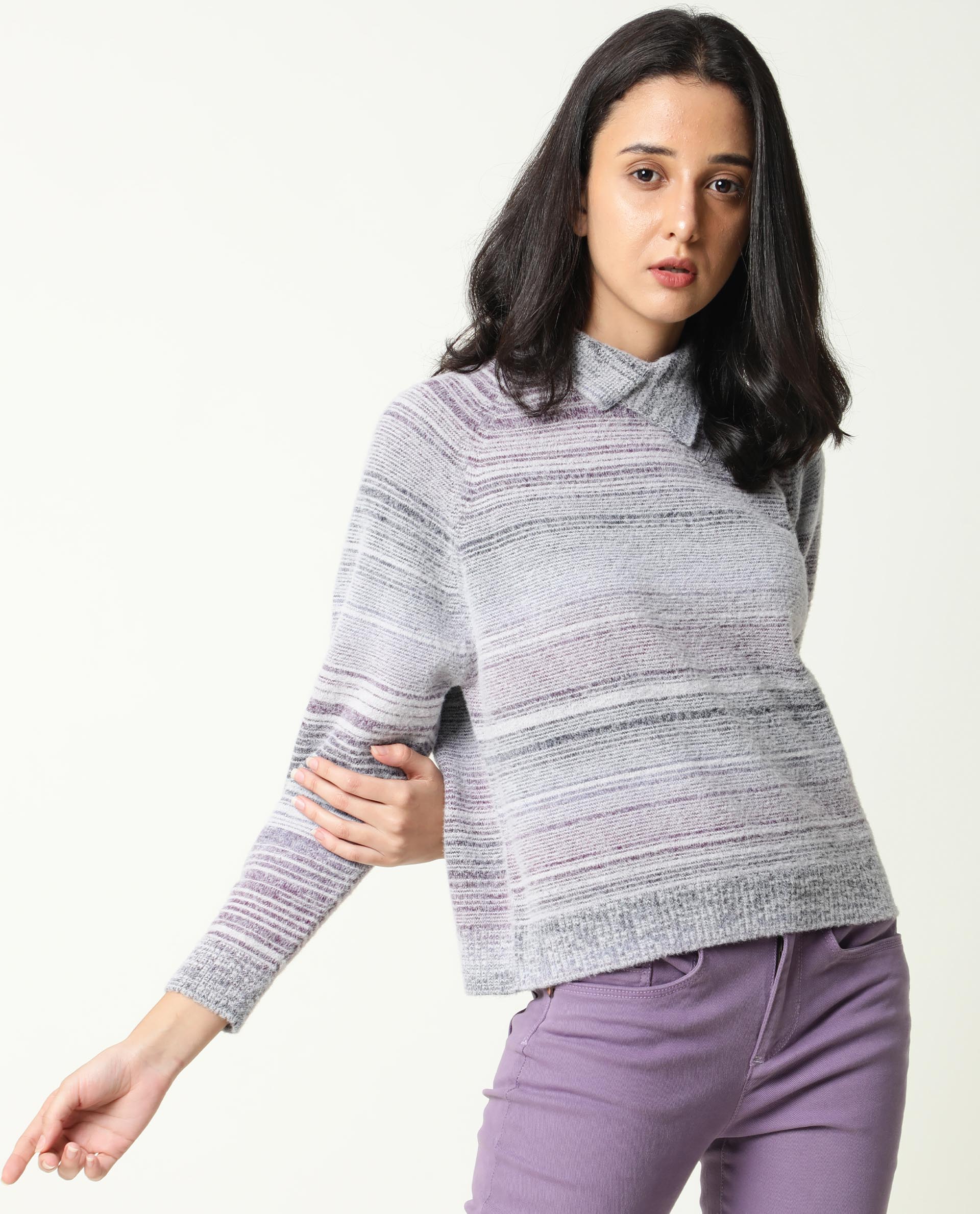 Rareism Women's Rosalva Grey Nylon High Neck Ombre Knee Length Regular Fit Sweater