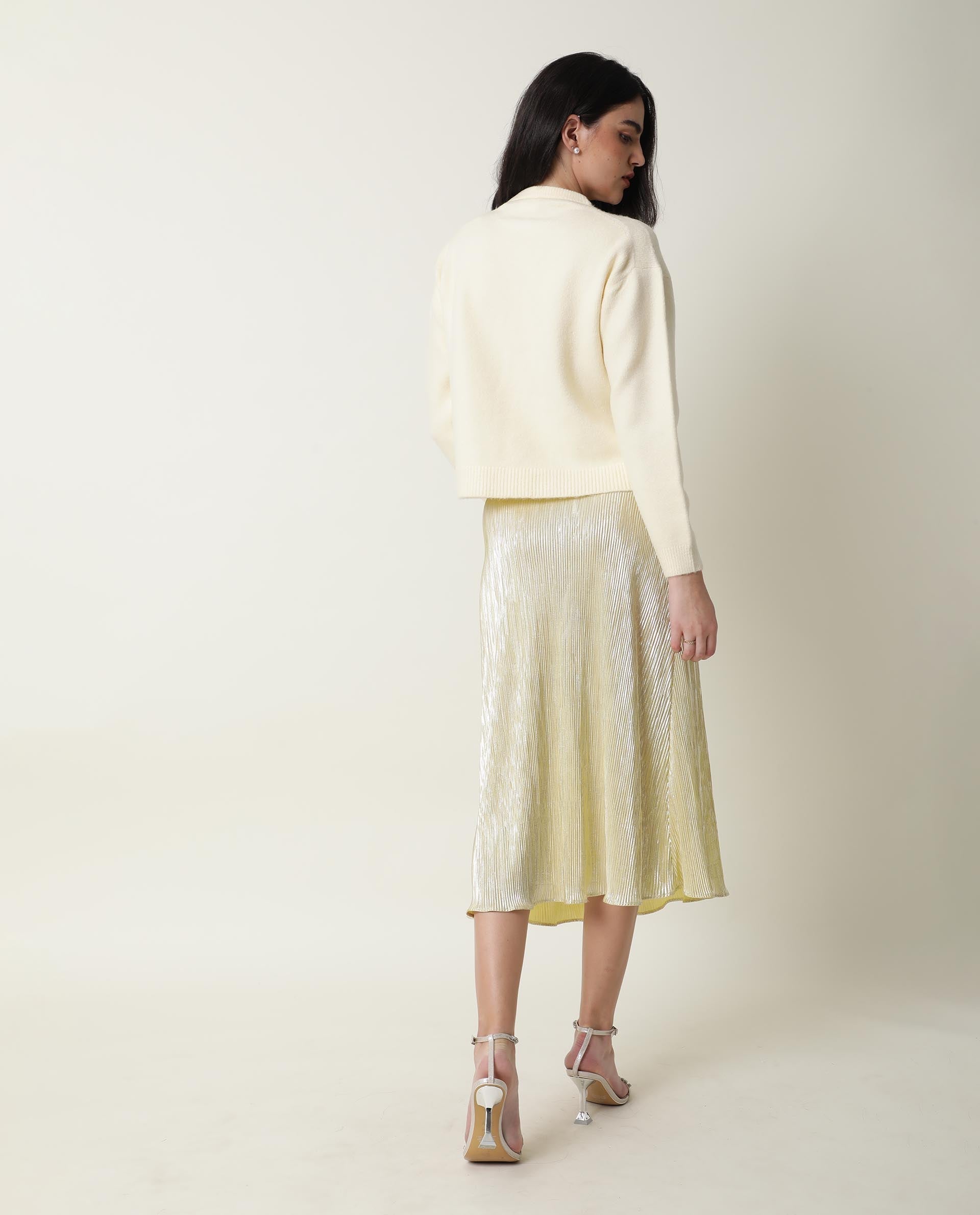 Rareism Women's Tulsy Offwhite Acrylic Crew Neck Embellished Knee Length Regular Fit Sweater