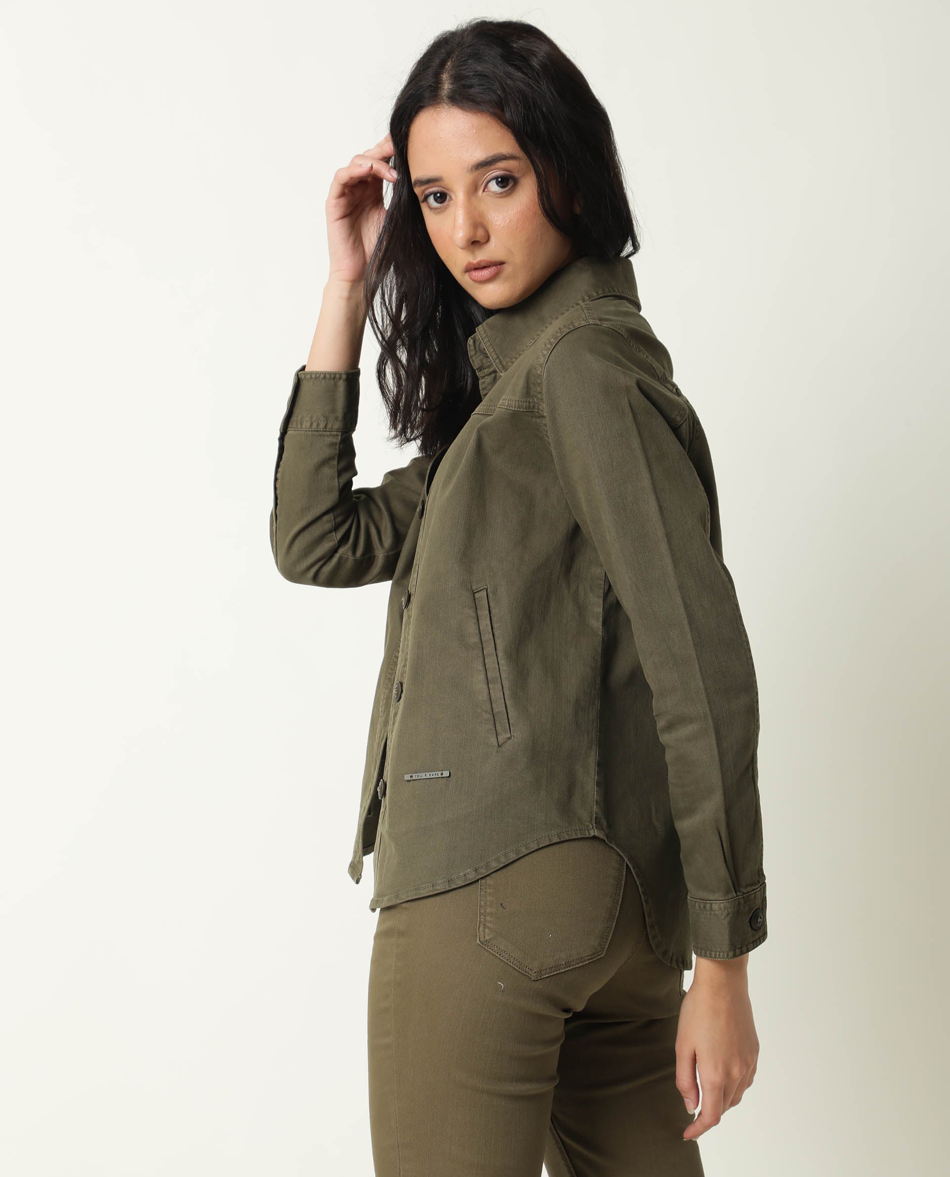 Rareism Women Mission Green Cotton Lycra Fabric Full Sleeves Solid Shirt Collar Jacket