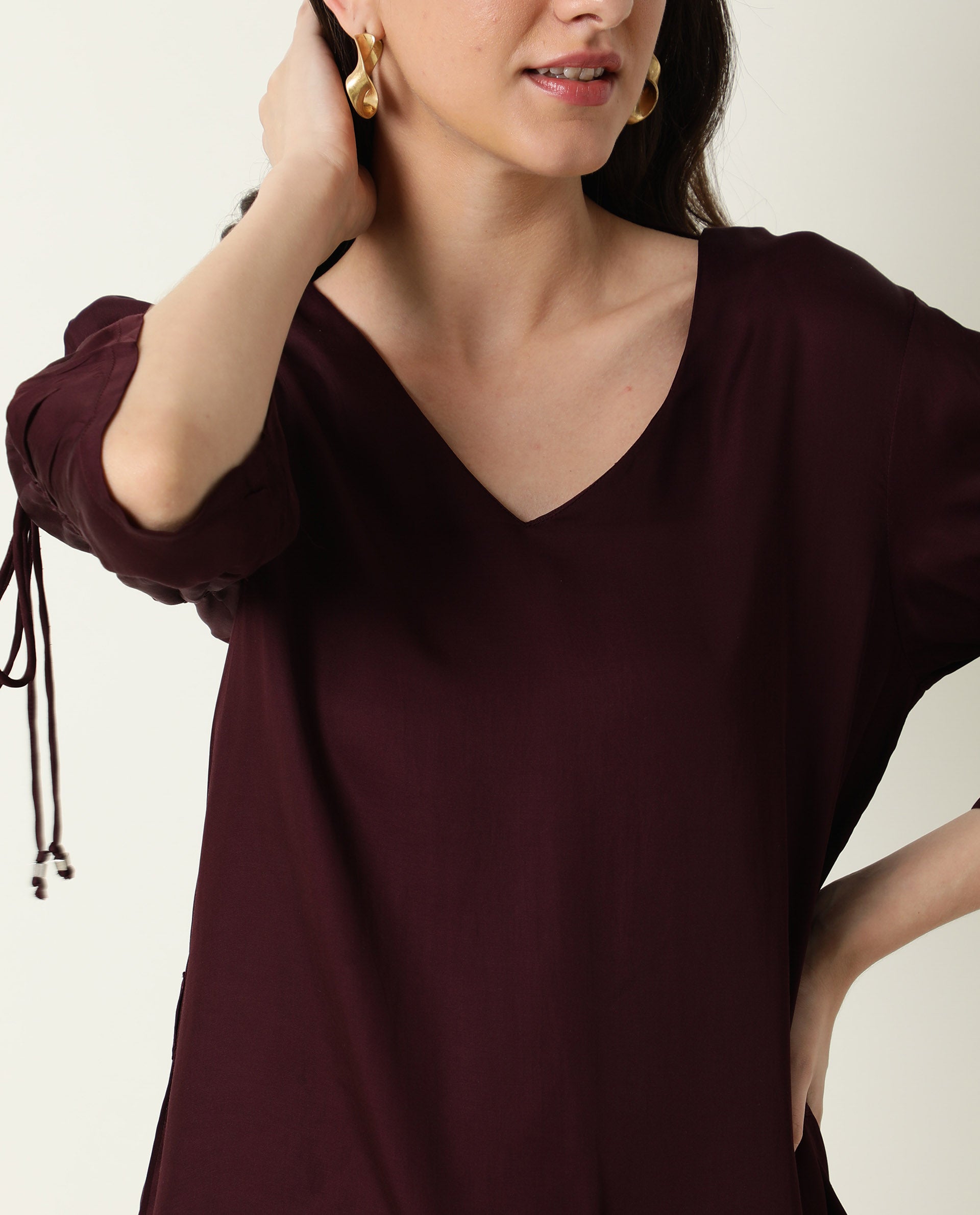 Rareism Women's Jamm Maroon V-Neck Plain Knee Length Regular Fit Dress