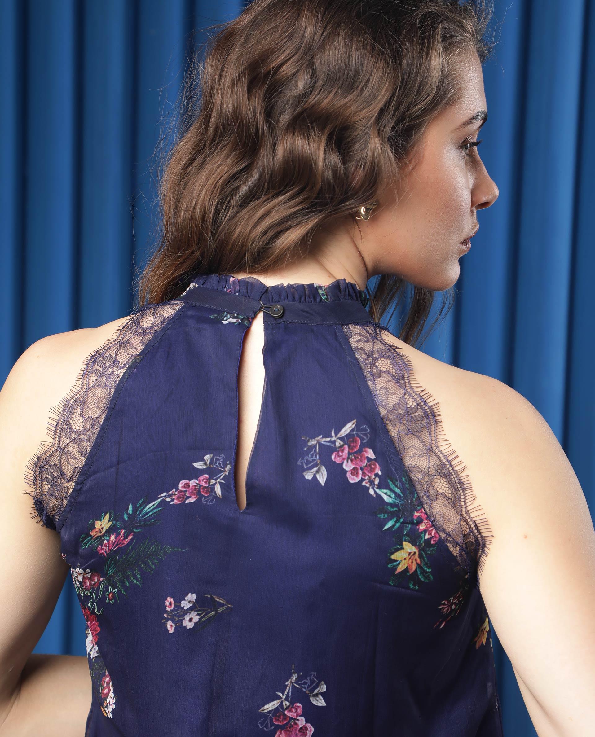 Rareism Women's Delins Blue Polyester High Neck Floral Print Sleeveless Regular Fit Top