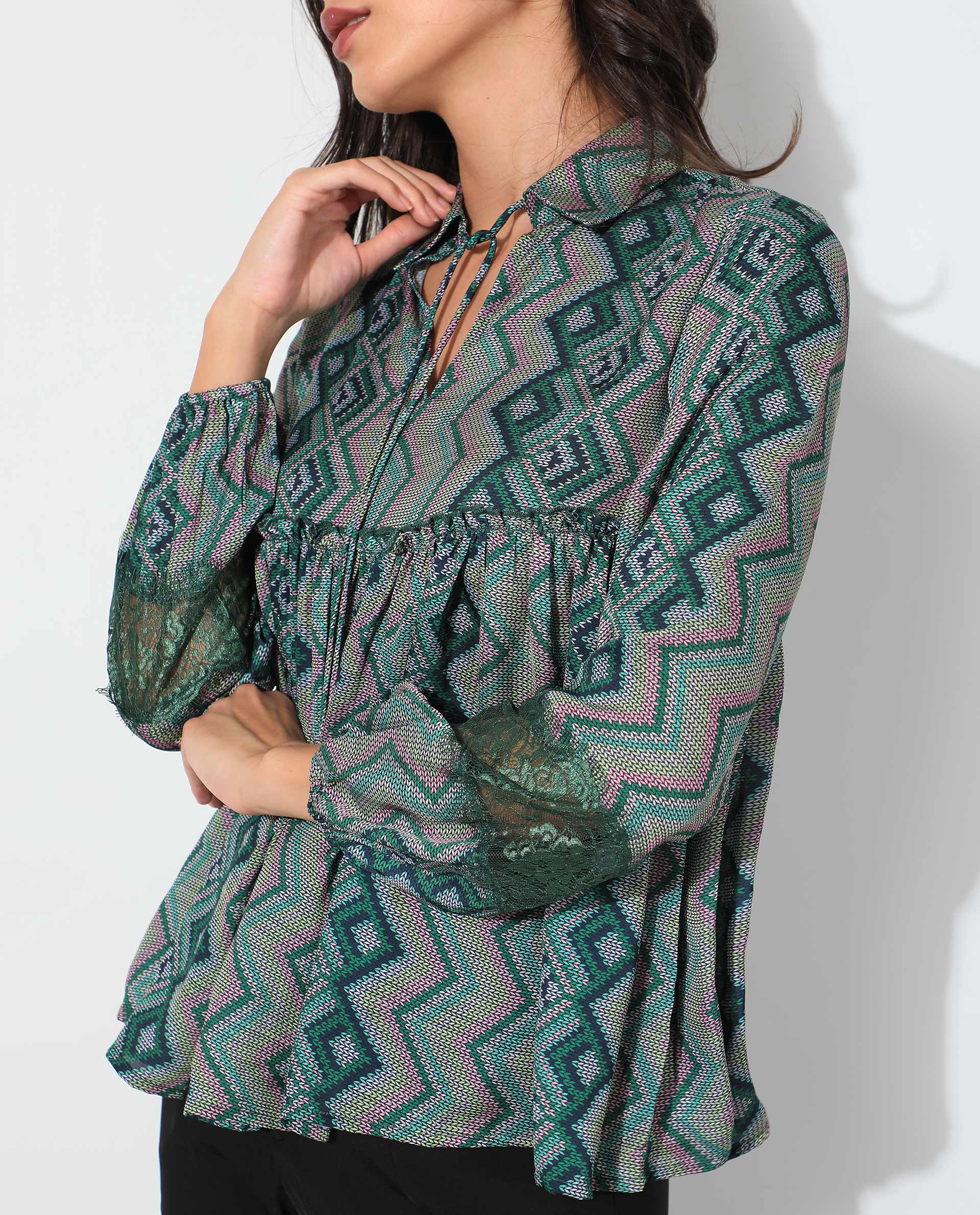 Rareism Women's Cataline Olive Polyester Tie-Up Neck Geometric Print Regular Fit Top