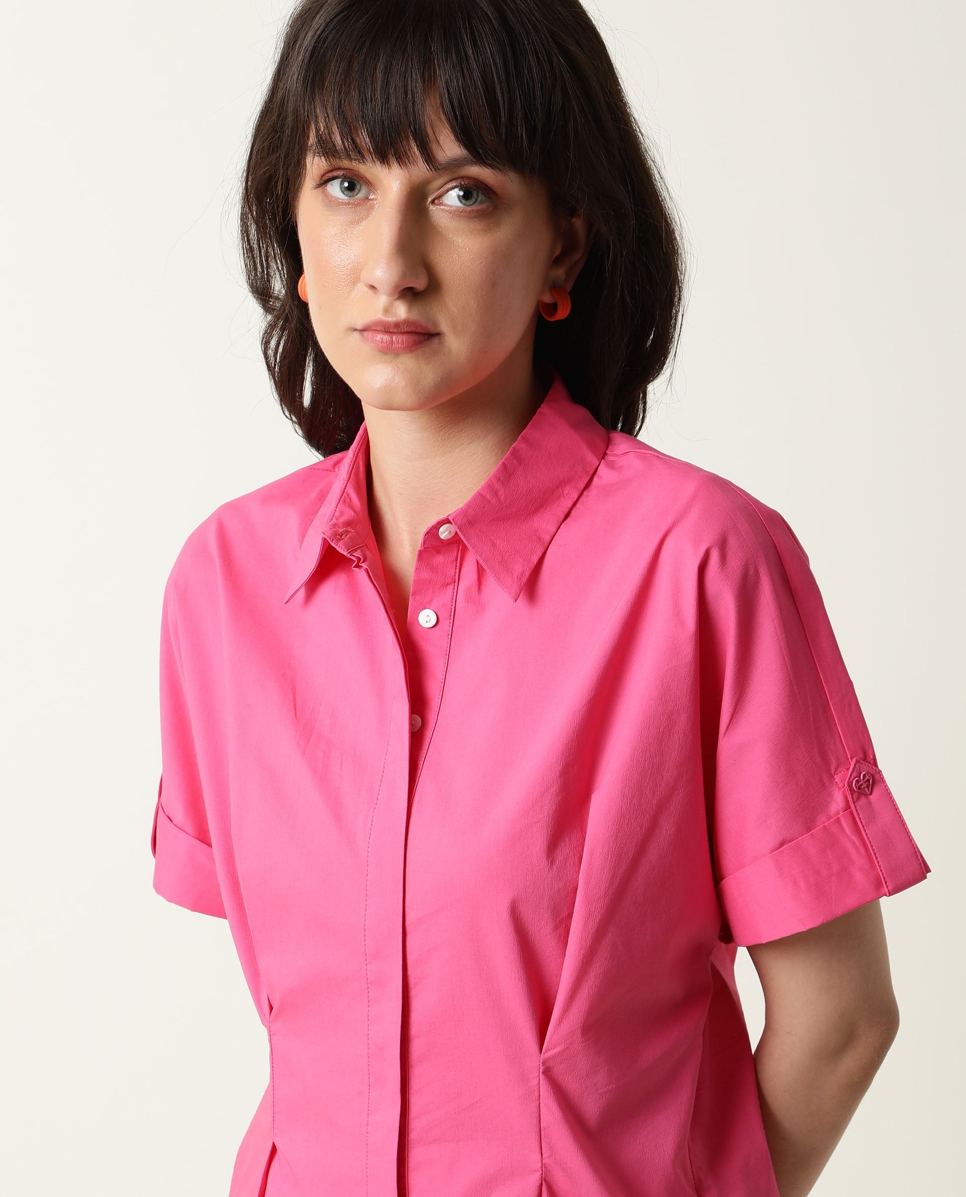 Rareism Womens Bitsy Pink Playsuit Cotton Lycra Fabric Regular Fit Half Sleeve Collared Neck