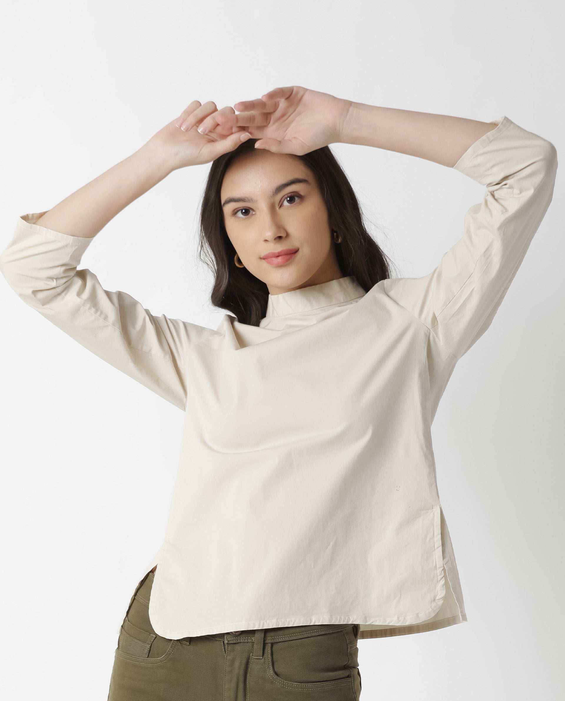 Rareism Womens Monet Beige Top Cotton Lycra Fabric Regular Fit 3/4 Sleeve Collared Neck