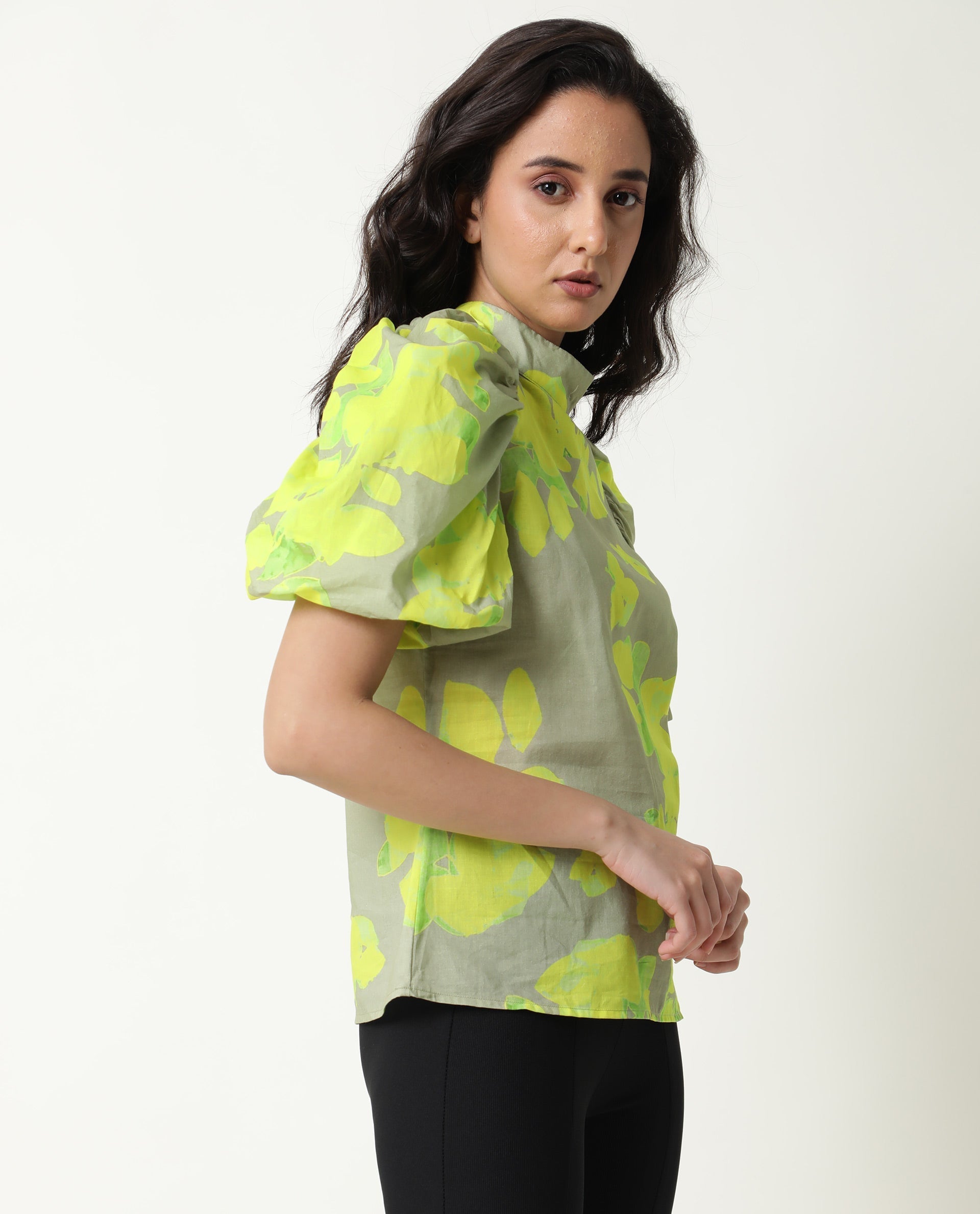 Rareism Women's Lagger Green Cotton High Neck Abstract Print Regular Fit Top